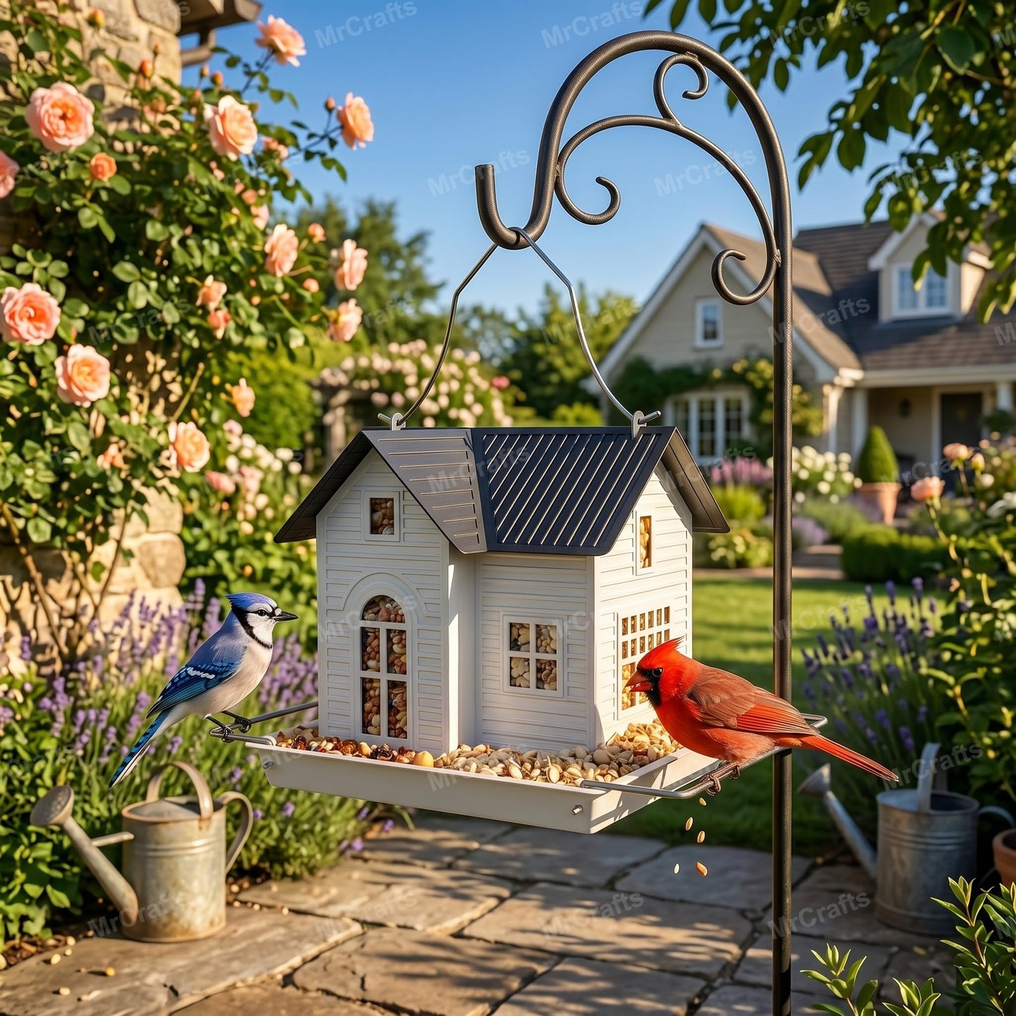 MrCrafts Solar Bird Feeder for Outside Hanging, Metal Solar Bird Feeders, Wild Bird Feeder House for Cardinals, Finches, Chickadees, Large Capacity, Weatherproof and Durable