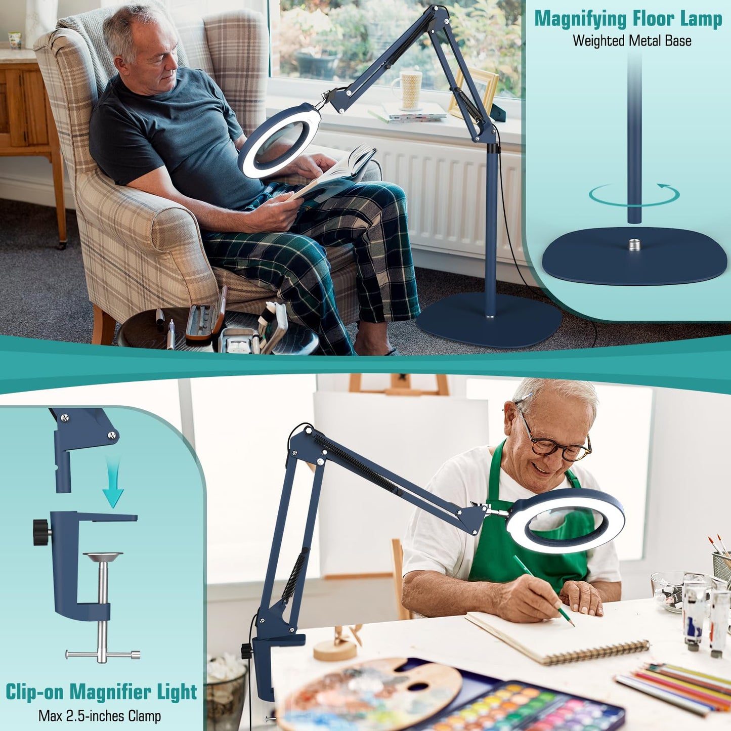 10X Magnifying Glass with Light and Stand, 3-in-1 Adjustable Swivel Arm LED Magnifying Floor Lamp, 5 Color Modes Brightness Stepless Dimming Lighted Magnifier Hands Free with Clamp for Crafts - Blue