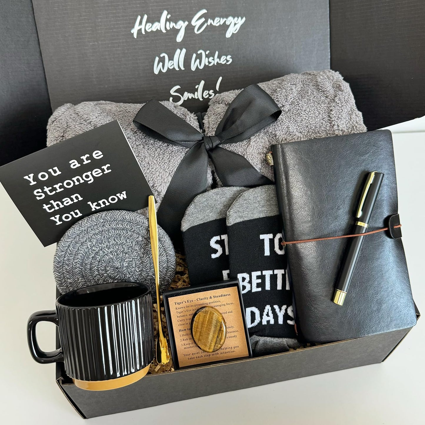 Care Package for Men - Get Well Soon Gifts with Plush Blanket, Ceramic Mug Set, Socks, PU notebook, Pen, Stress Stone, Greeting Card - Get Well Gifts for Men After Surgery Dad Friend