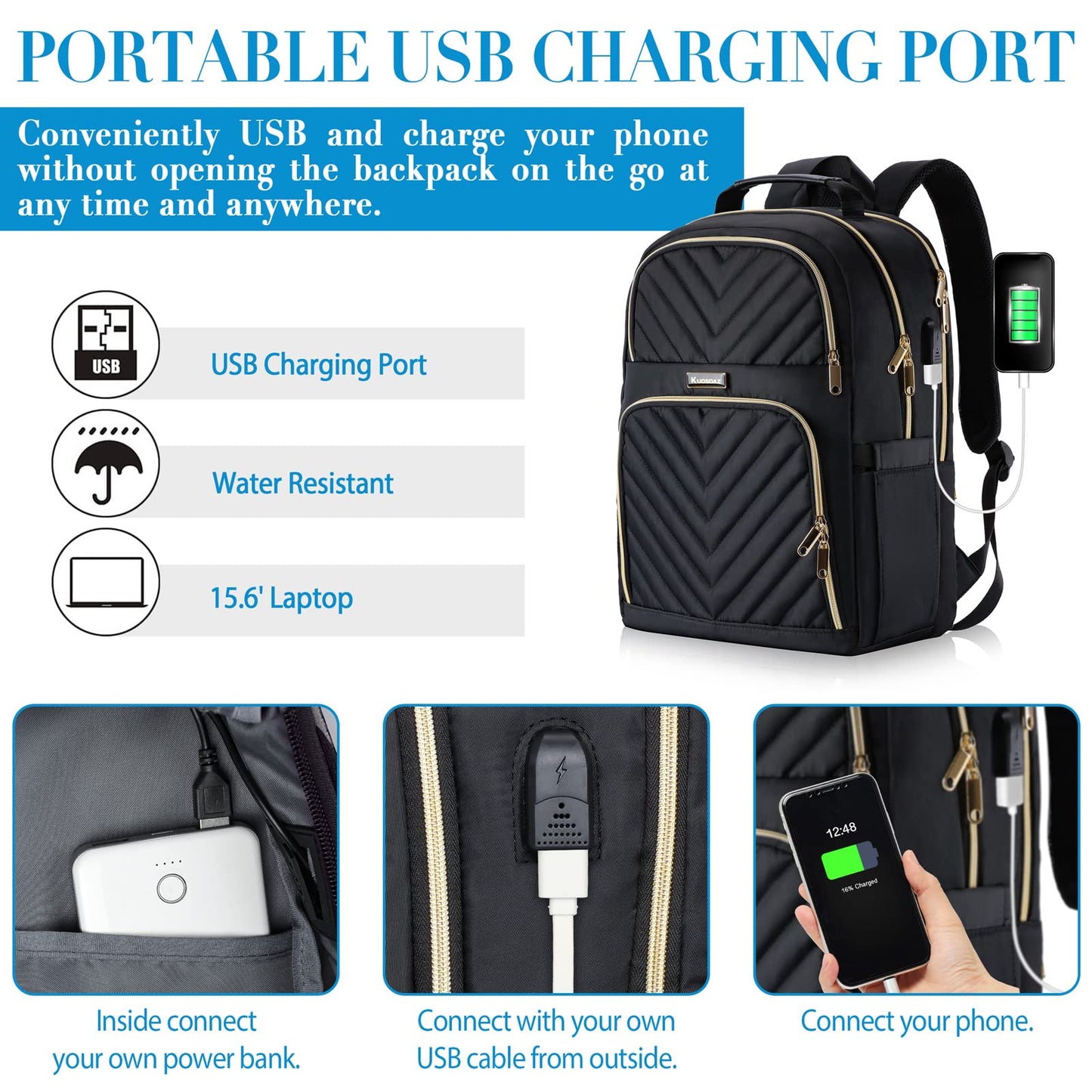 Backpack for Women, School Backpacks for Teen Girls, 15.6 Inch Quilted Laptop Backpack with USB Charger Port, Large Water Resistant Bookbags for Student Teacher, Black