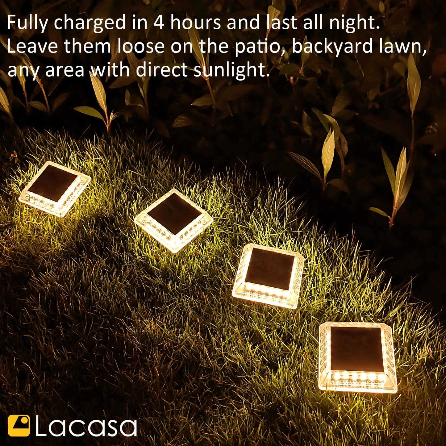 Lacasa Solar Deck Lights, 4 Pack 30LM LED Dock Lights Warm White 2700K, Outdoor Solar Powered Step Lights Light up All Night IP68 Waterproof Auto ON/Off for Garden Stairs Driveway Pathway Lighting