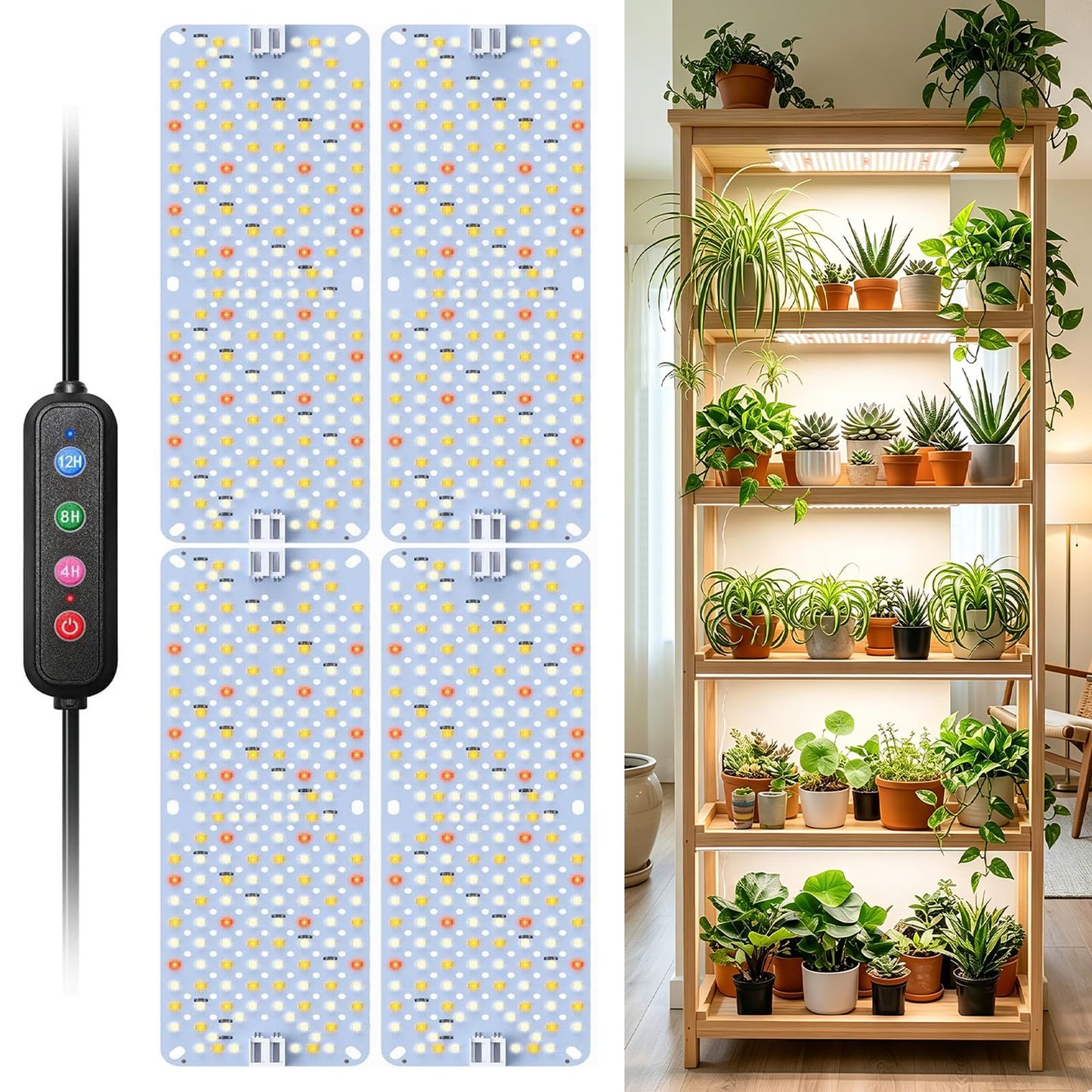 SDOVUERC Full Spectrum Grow Lights, 36W(Actual Power) Plant Lights for Indoor Plants with Daisy Chain, Sunlike Spectrum,768 LEDs and 4/8/12/16/20H Timer for Plant Growing(Pack4)