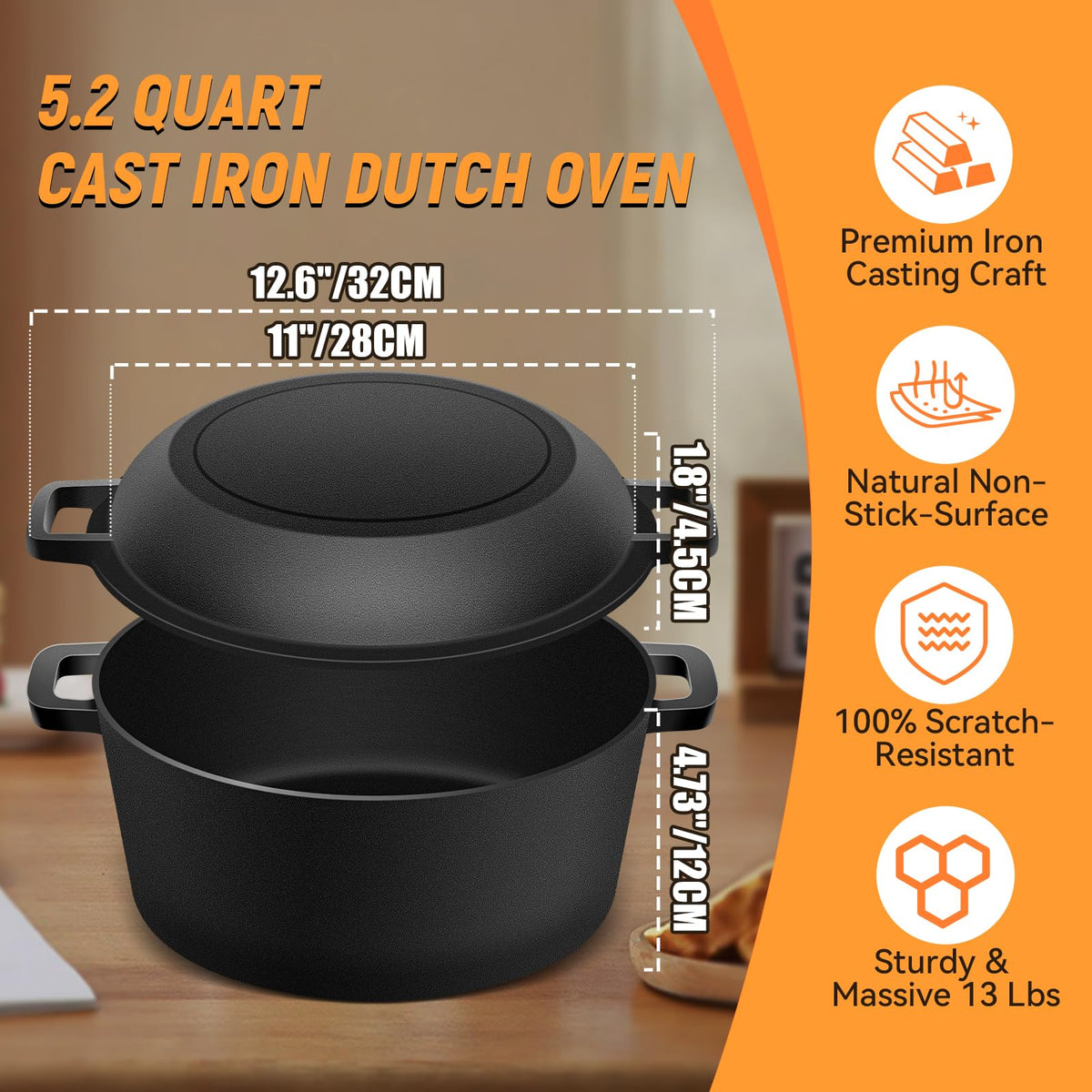 Cast Iron Pot Dutch Oven for Bread Baking, Cast Iron Casserole Dish with Lid Baking Cooking Supplies, 2-in-1 Dutch Oven Pot with Skillet, 5.2QT