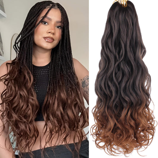 COOKOO 9 Pack Pre Stretched French Curls Braiding Hair 22 Inch 75g/Pack Ombre Brown Goddess Crochet Hair Loose Wavy Crochet Braids Hair with Curly Ends Wavy Synthetic Braiding Hair Extensions T30#