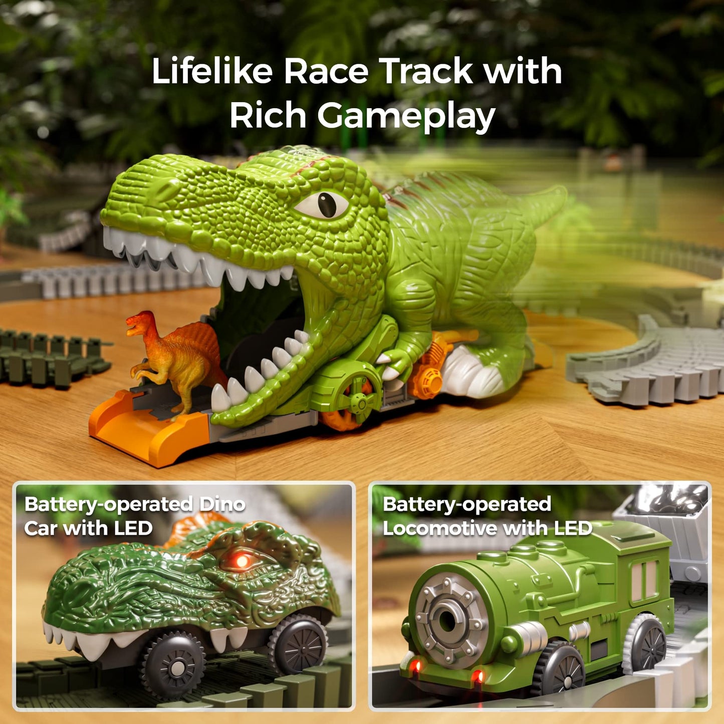 TUMAMA Dinosaur Toys Race Track, 281 Pcs Dinosaur Train Toys for Kids 3-5 5-7, Flexible Train Tracks with 4 Dinosaurs Figures, 2 Electric Race Cars with Light, Create A Dinosaur Road Race for Toddlers