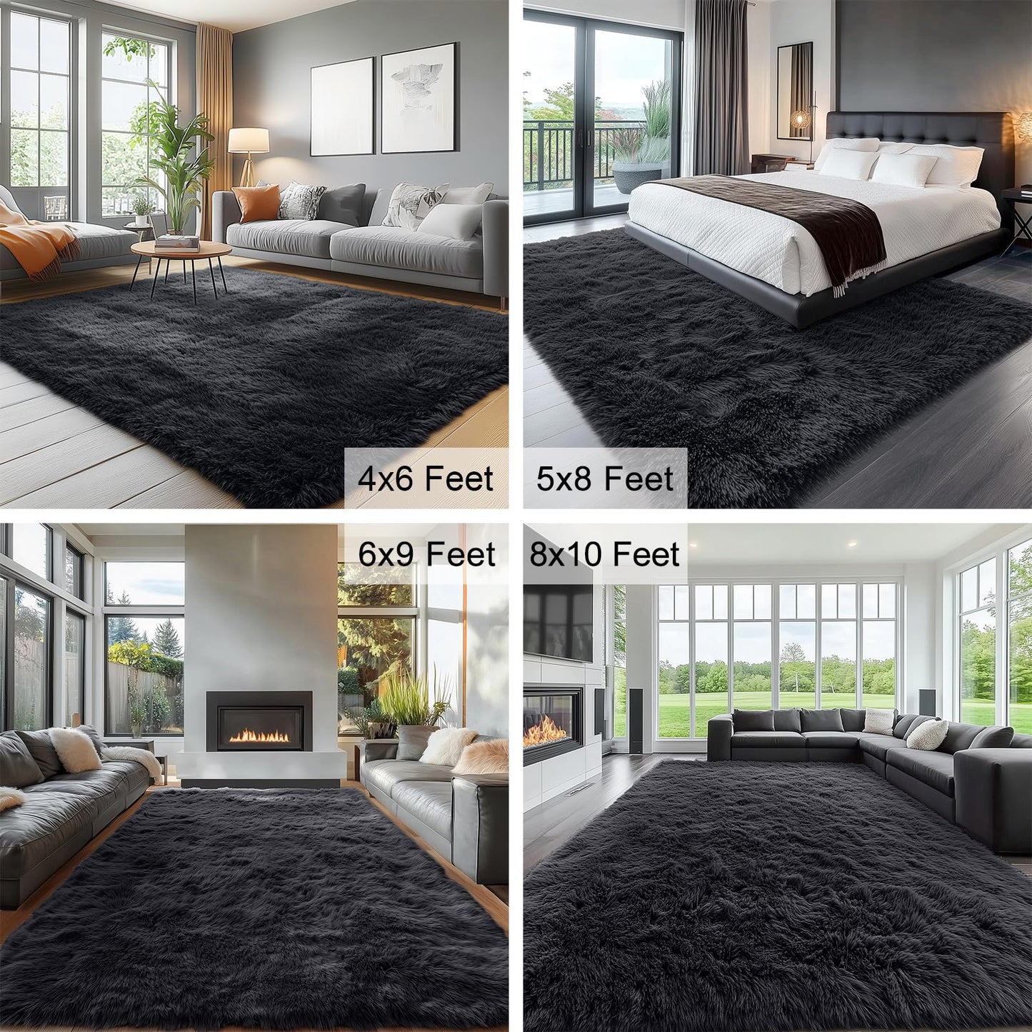 OLANLY Fluffy Area Rug for Living Room Bedroom, 4x5.9 Feet Soft Shaggy Non-Slip Carpet, Indoor Modern Plush Area Rugs for Kids Girls and Boys, Dorms, Nursery Rooms, Home Decor, Black