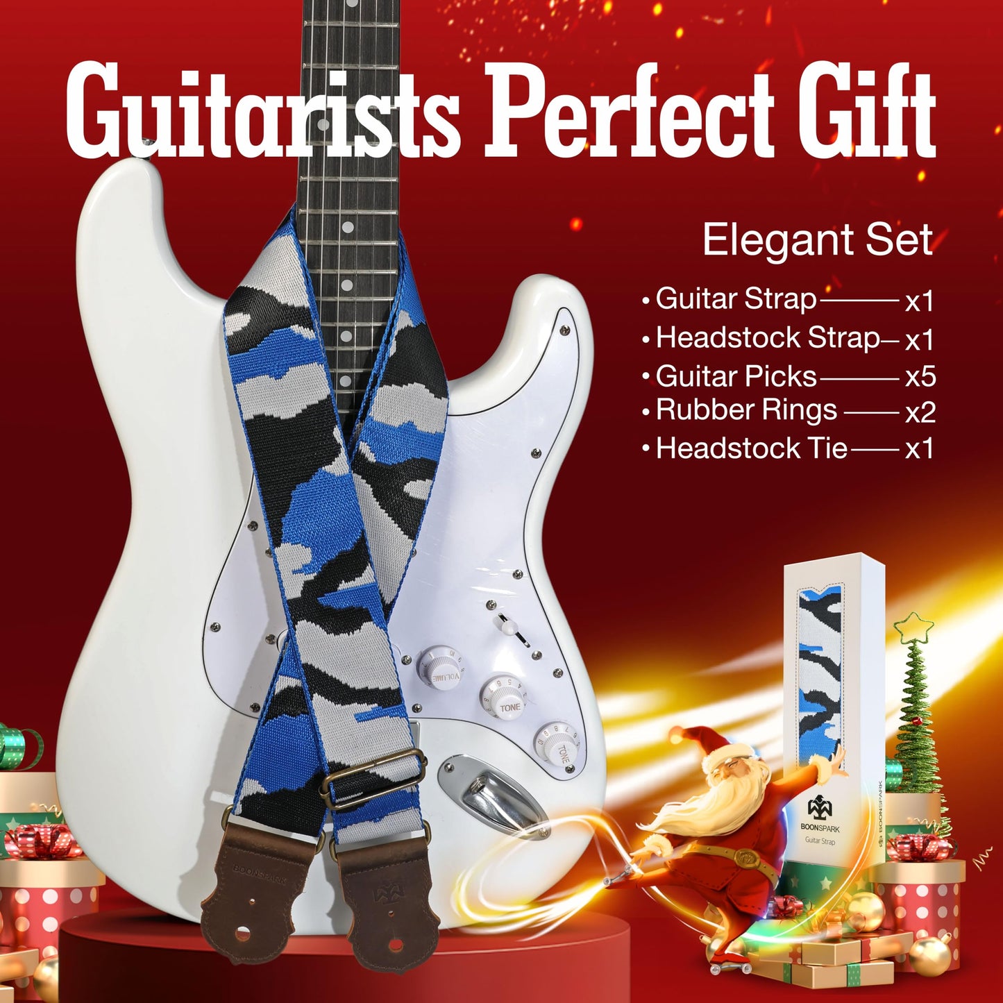 BOONSPARK Guitar Strap - Double Layer Crazy Horse Cowhide Ends,Safe Durable,2in,Soft Adjustable Guitar Straps for Acoustic&Electric Guitars,Bass,Ukulele,Guitarists Gift Set,Charming Blue