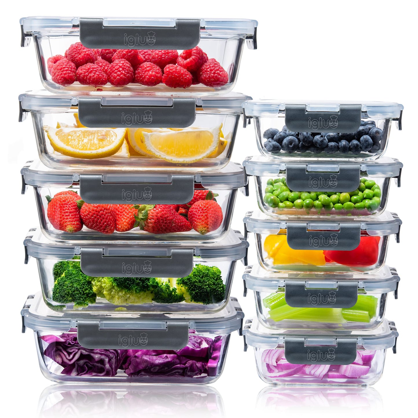 Igluu Meal Prep Glass Food Storage Containers 10 Pack, Meal Prep Containers with Snap Lock Leakproof Lids, Reusable Microwave safe BPA-free Lunch Boxes (10 Containers & 10 Lids) 35.5oz & 12.5oz