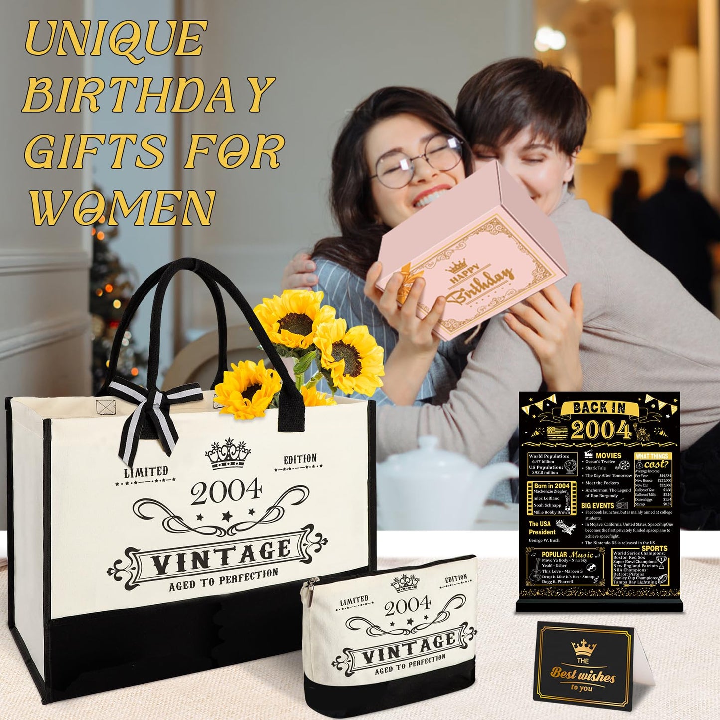 21st Birthday Gifts for Her Canvas Tote Bag Travel Gear, Unique 21 Years Old Birthday Gifts for Girlfriend Sister Friends Women, Vintage 2004 Handbag & Cosmetic Bag & Back in 2004 Poster