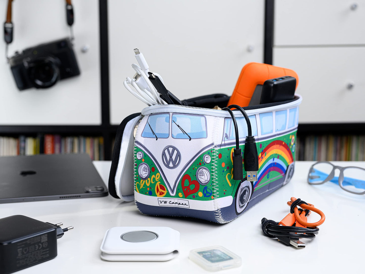 BRISA VW Collection - Volkswagen Neoprene Universal Makeup Cosmetics Toiletry Travel Pharmacy Bag in T1 Bus Design (Peace/Green) (Large (30 x 14 x 12 cm))