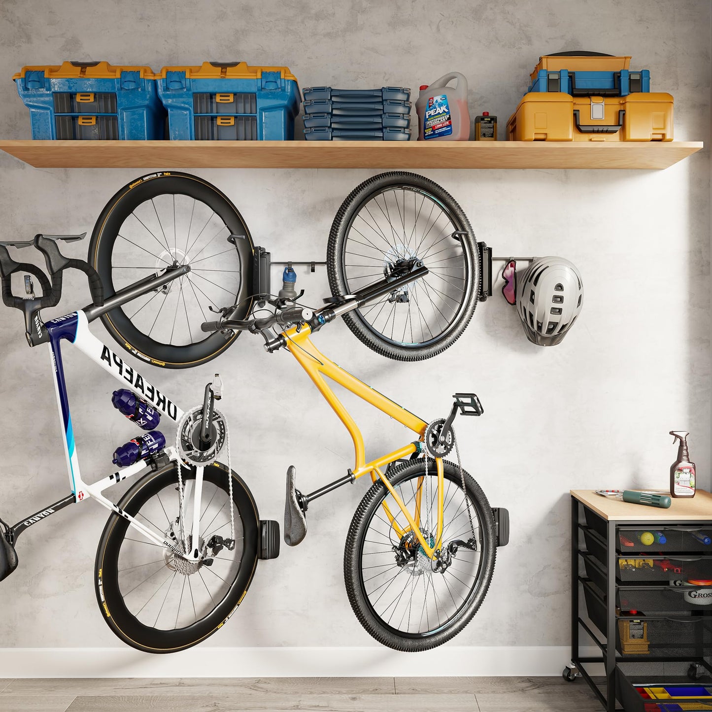 monTEK Swivel Bike Wall Mount, Bike Hangers for Garage, Bike Mount with Two Extra Storage Hooks, Bike Hanger Wall Mount for Space Saving, Bike Rack Garage Holds Up to 77 lbs