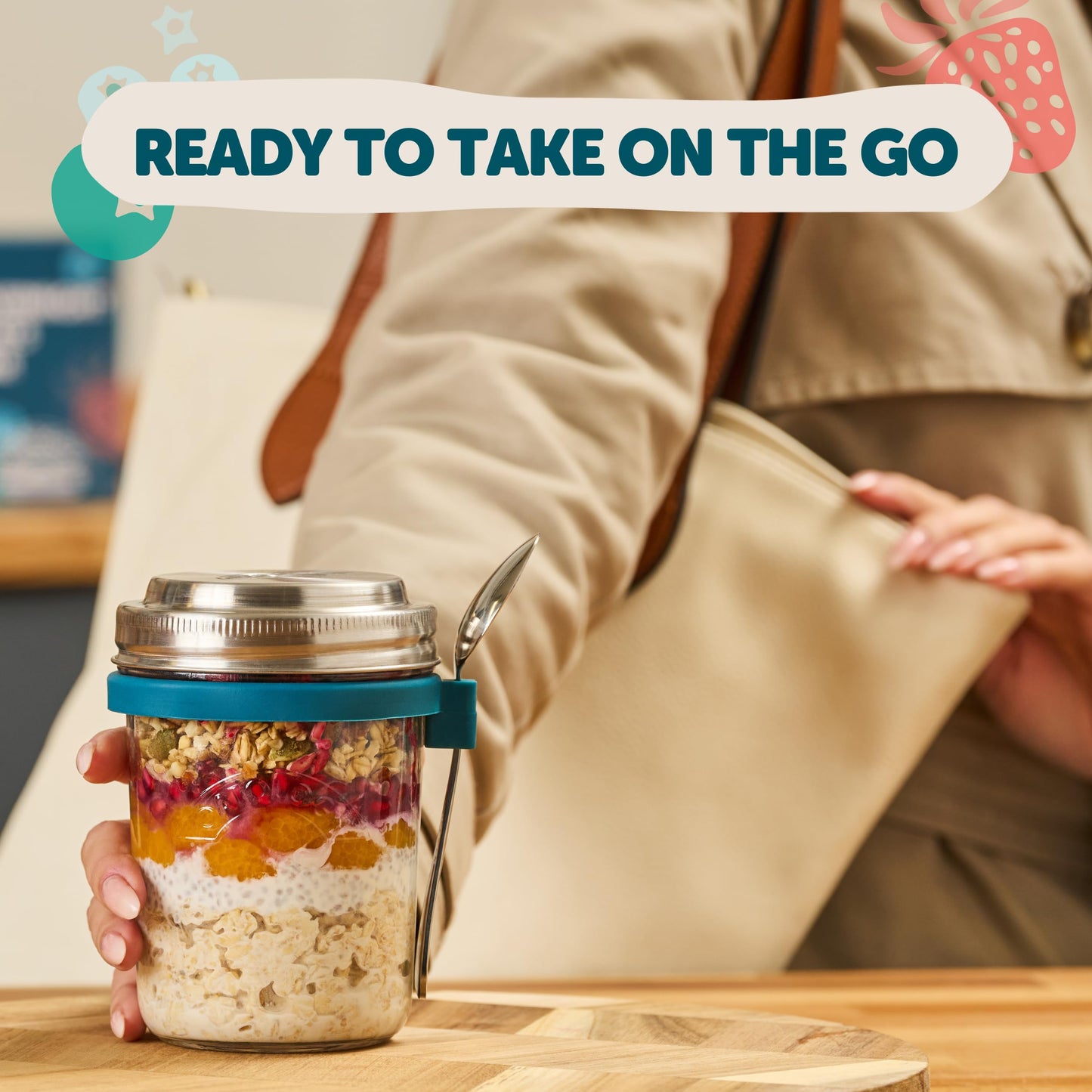 OATOLOGY Glass Overnight Oats Jar Container | Unique Leakproof Stainless Steel Lids, Spoon, Thick Glass | Breakfast Pots Mason Jars for Chia Pudding Granola Yoghurt Porridge Cereal On-the-Go | 4 pack