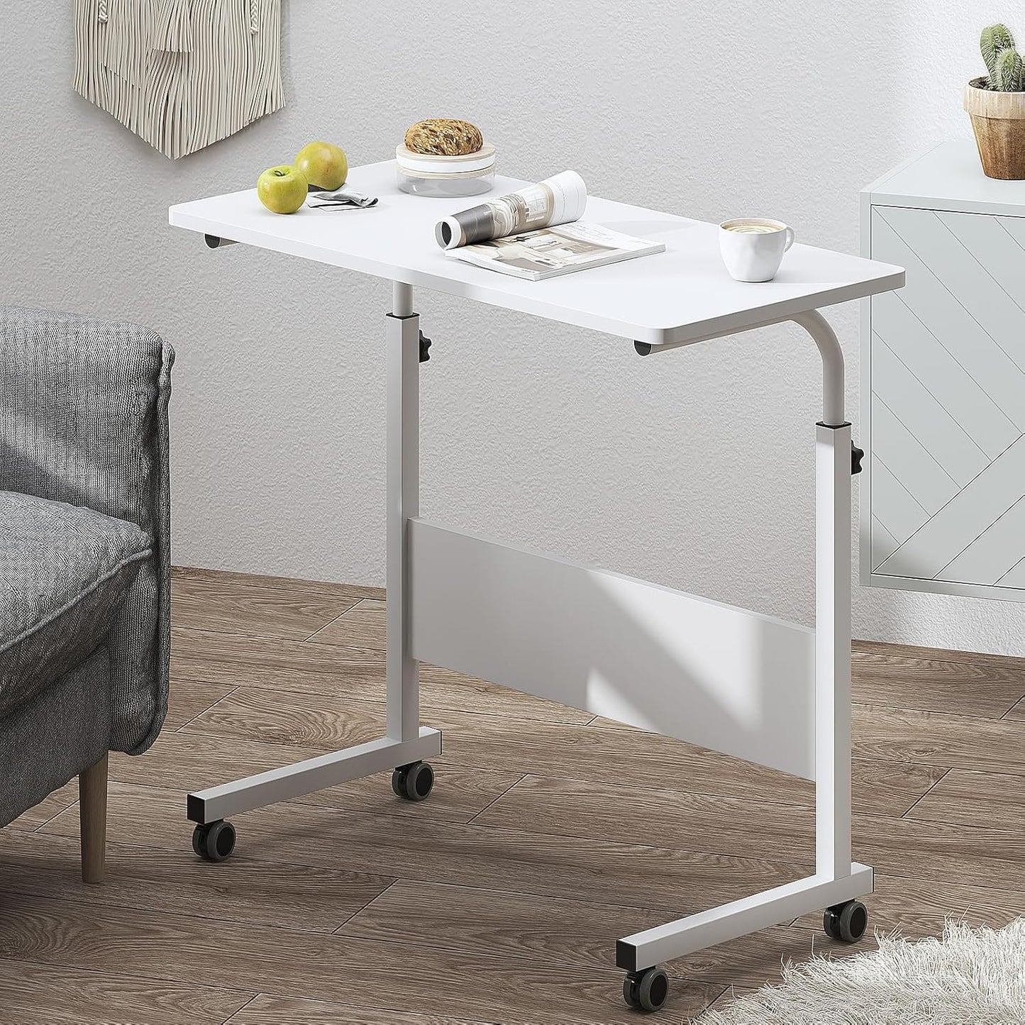 DlandHome Mobile Side Table 23.6 inches on Wheels Adjustable Movable Portable Laptop Computer Stand for Bed Sofa,White,10CZZS05-1-60WT-DCA