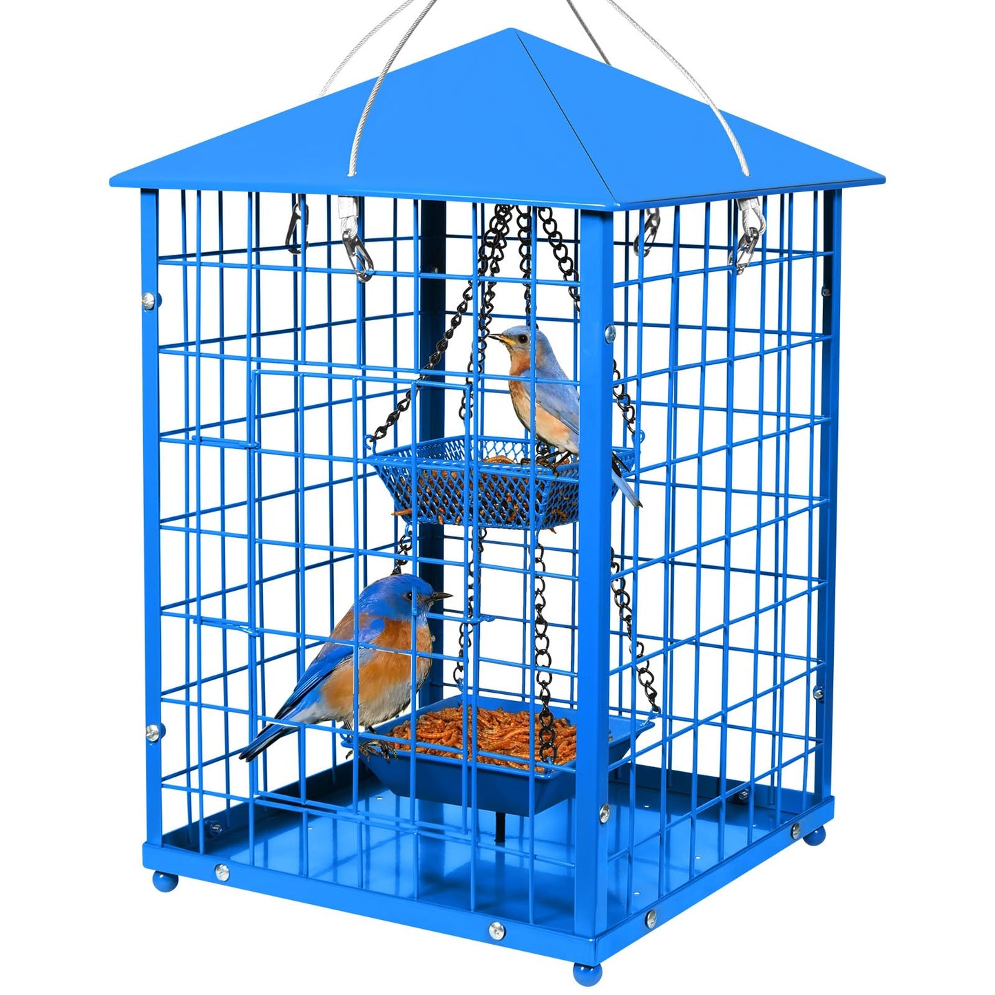Mealworms Bird Feeders for Bluebirds - Metal - Huge Caged Squirrel-proof Bird Feeders with 2 Cups, DIY Wild Bird Feeders Outdoor Hanging (Blue), Attract Small Birds, 2lbs Seed Capacity+1 Mealworms Cup