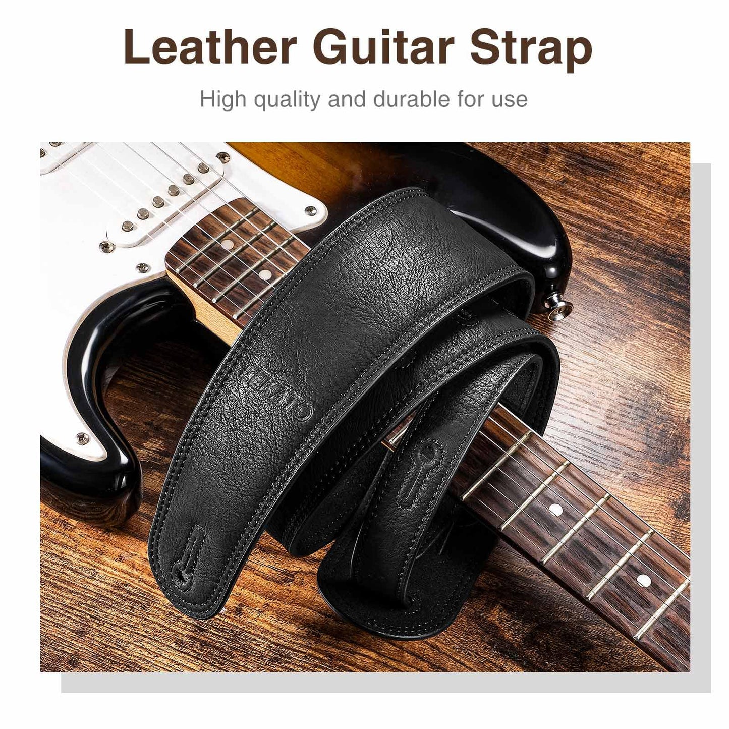 LEKATO 2.5" Wide Padded Leather Guitar Strap, Adjustable Length 41" to 51", Black