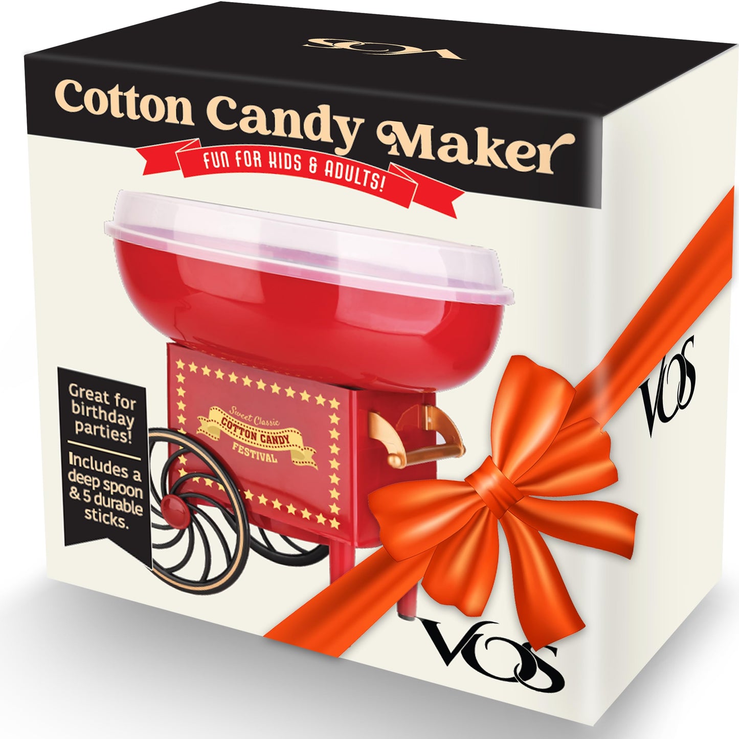 VOS Mini Cotton Candy Machine for Kids, Red Retro Sugar Candy Maker, Cotton Candy Maker Machine Kit: includes 15 Candy Sticks & 1 Sugar Scoop – Ideal for Home Use, Small Parties & Intimate Gatherings