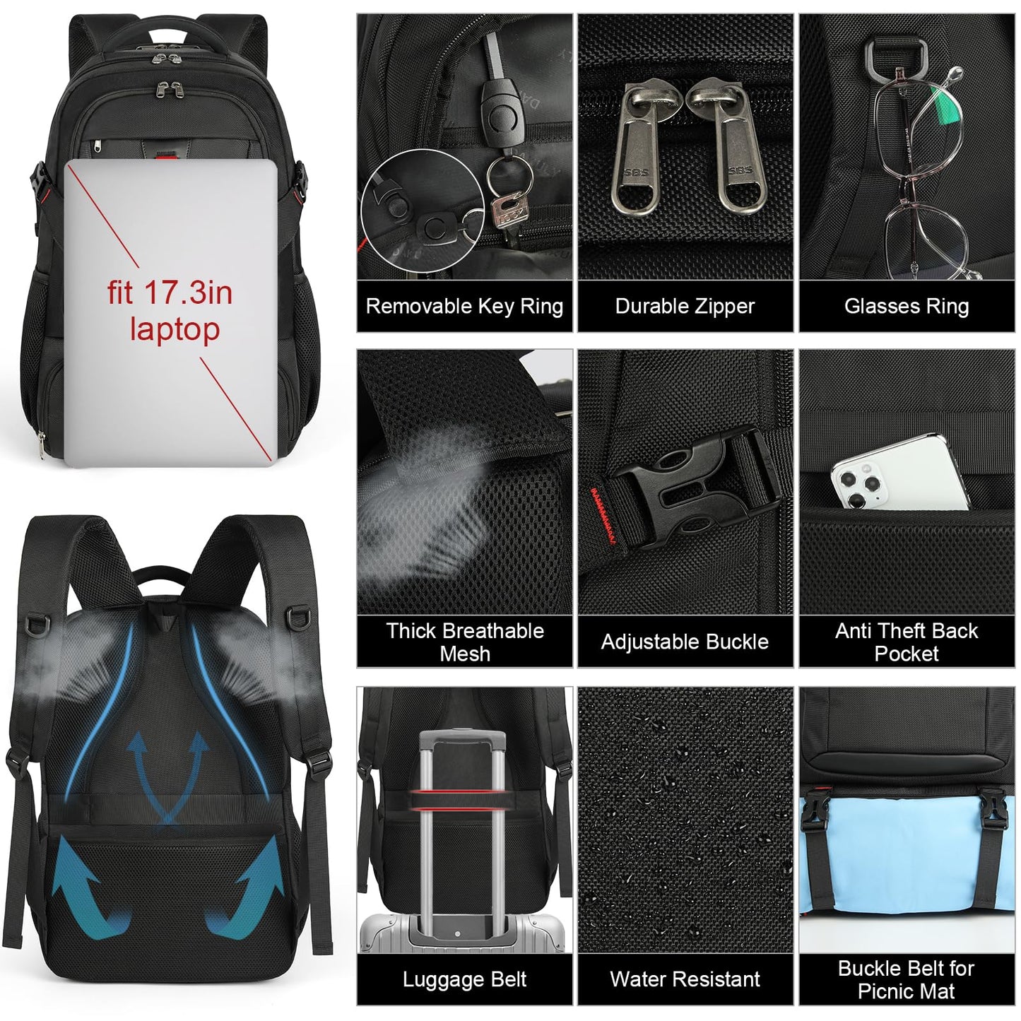 Lunch Backpack, 17.3 Inch Laptop Backpack with USB Charging Port 50L Travel Backpack for Men Women Work Backpack with Insulated Bag Waterproof Computer Backpack for College School Business, Black