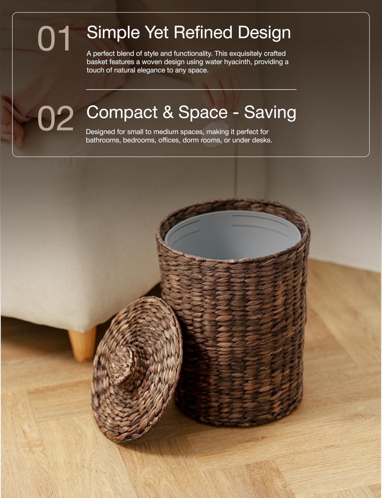 4 Gallons Wicker Waste Basket - Water Hyacinth Bathroom Trash Can - Garbage Can with Lid Boho Style - Wicker Trash Can with Lid for Bedroom, Kitchen - Removable Liner, Handwoven (Black Color)