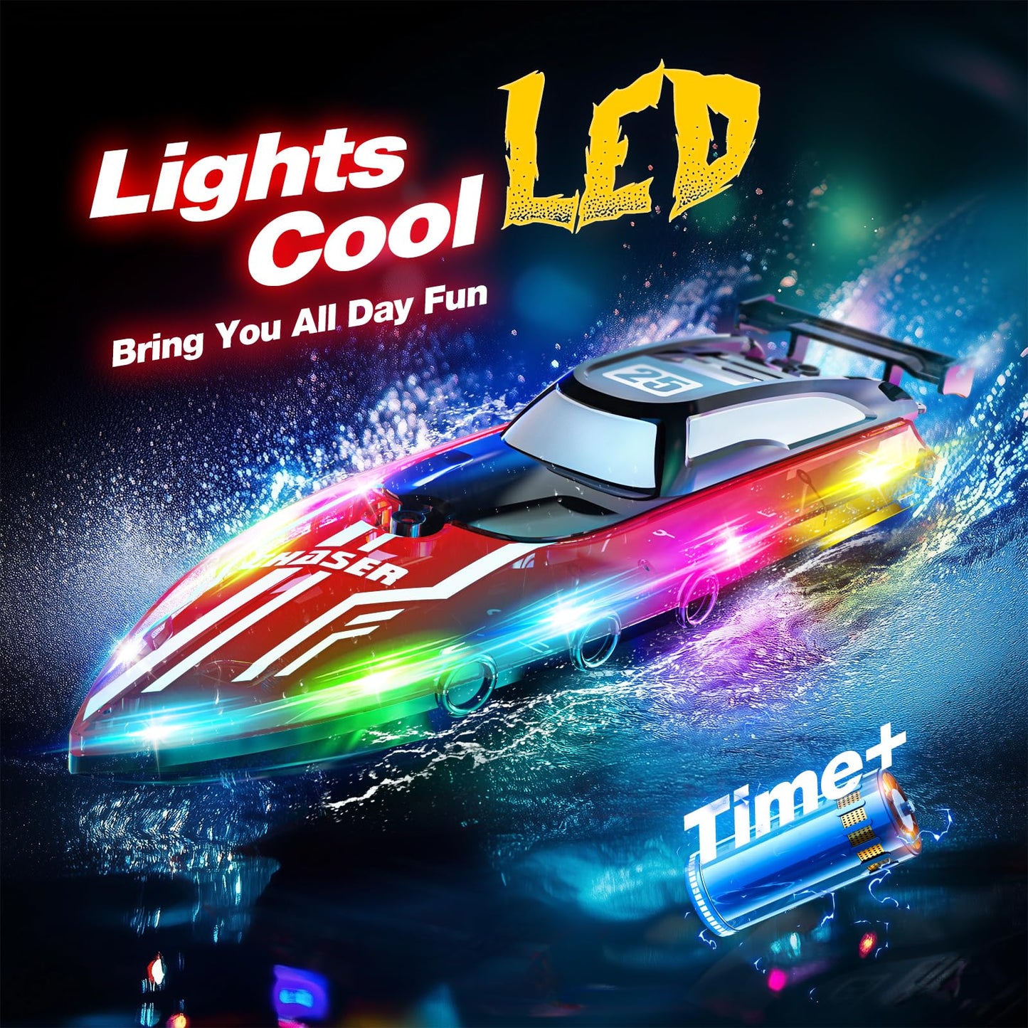 RC Boat with Dazzling LED Lights, 2.4Ghz Remote Control Racing Boats for Kids 8-12,Toy Water Boat for Pools and Lakes with Waterproof,Rechargeable Battery, for Boys Girls RED