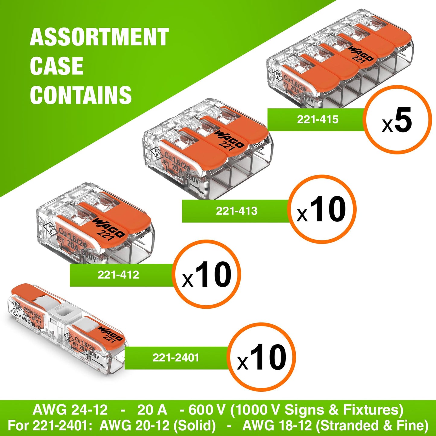 WAGO 221 Series 35pc Compact Splicing Wire Connectors | Includes (10x 221-2401), (10x 221-412), (10x 221-413), (5X 221-415) | WAGO Wire Connectors | 221 Straight Inline Splice | Electrical Lever Nuts