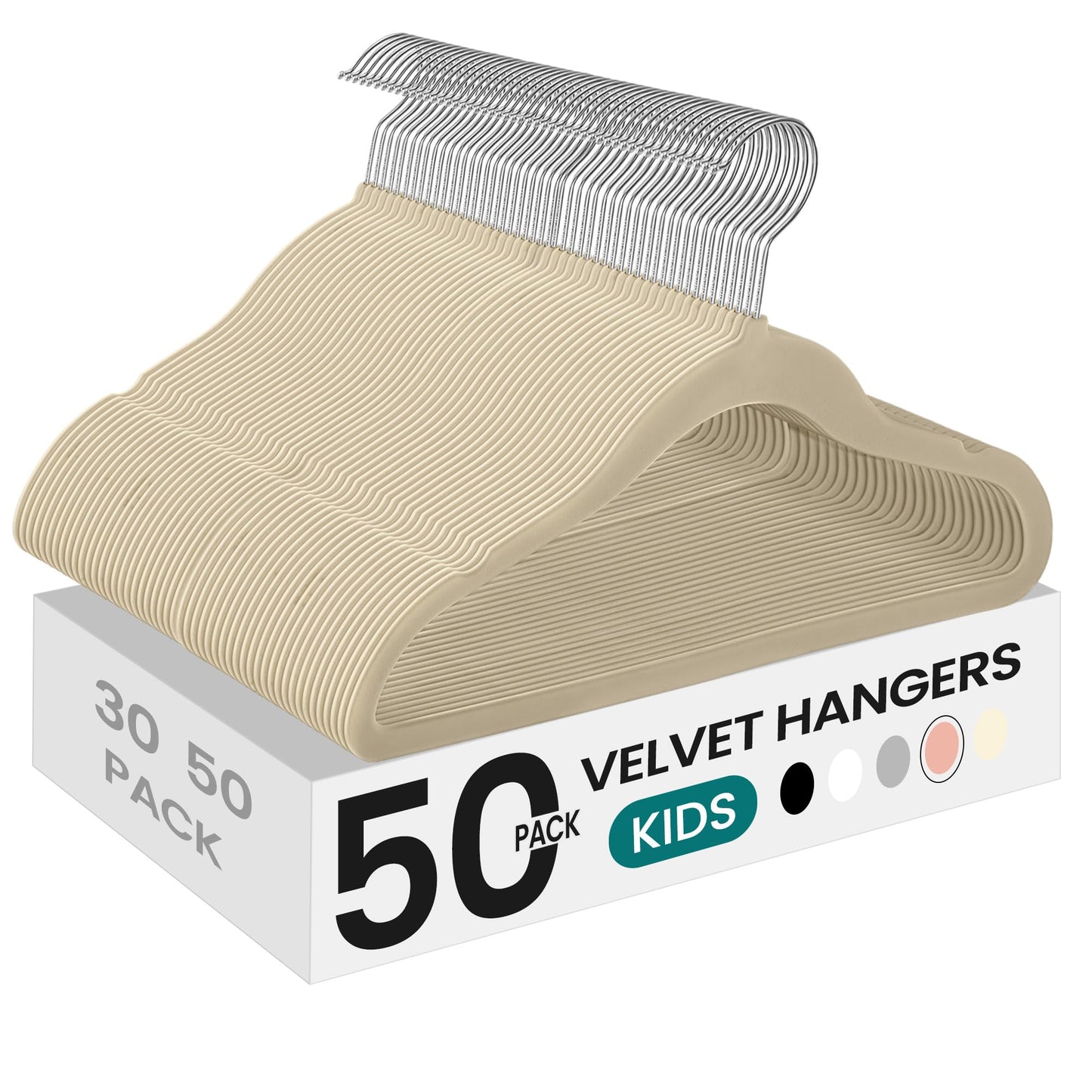 SONGMICS Baby Kids Hangers 50 Pack for Closet, 11.8 x 8.1 Inches, Silver 360° Swivel Hooks, Space-Saving Clothes Velvet Hangers for Nursery, Non-Slip, Summer Sand UCRF027K05