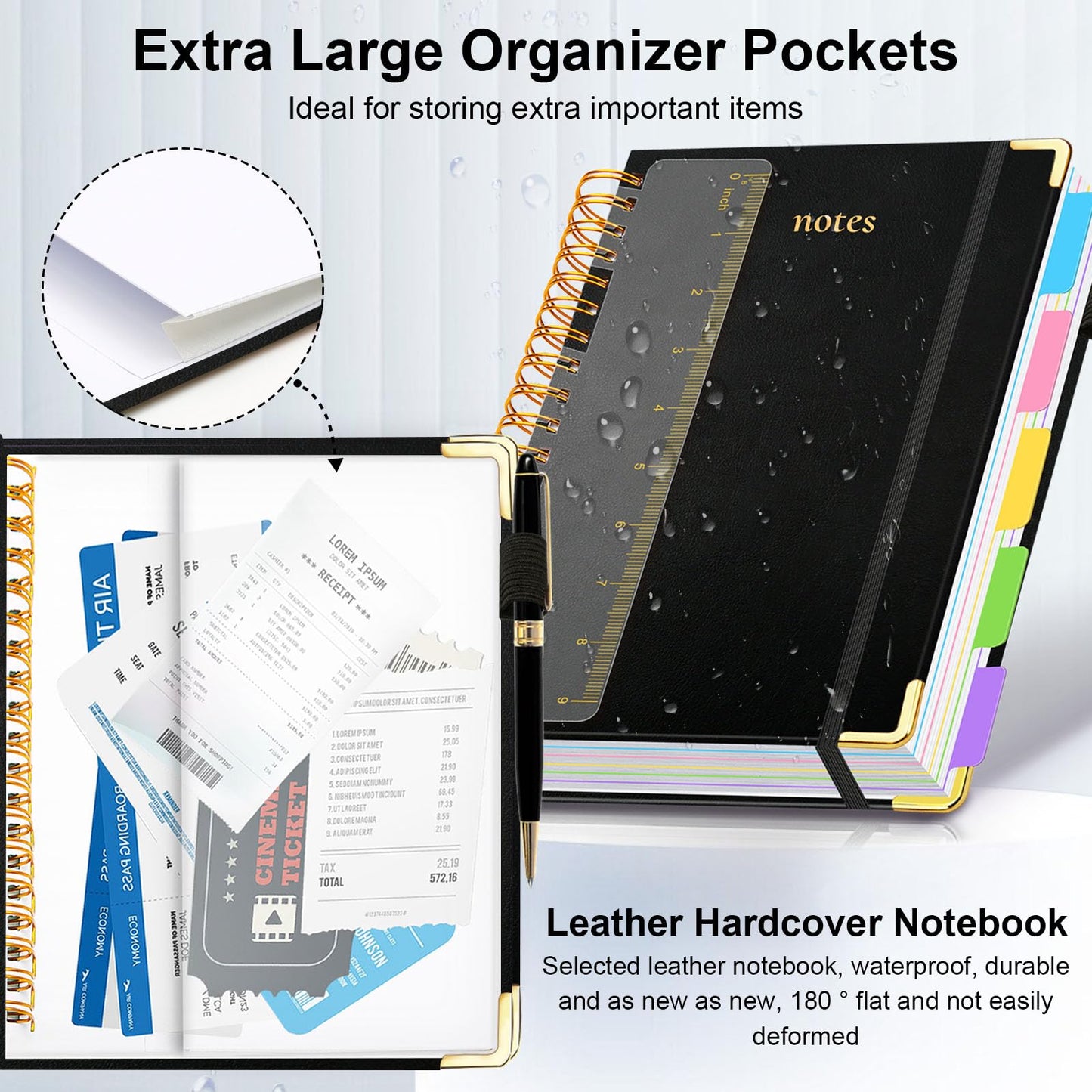 Hardcover Spiral Notebook 8"x10" Journal Notebook with Tabs and Removable Dividers 300 Pages 5 Subject Notebook College Ruled, Faux Leather Spiral Bound Notebook for Women, School Work(Black)