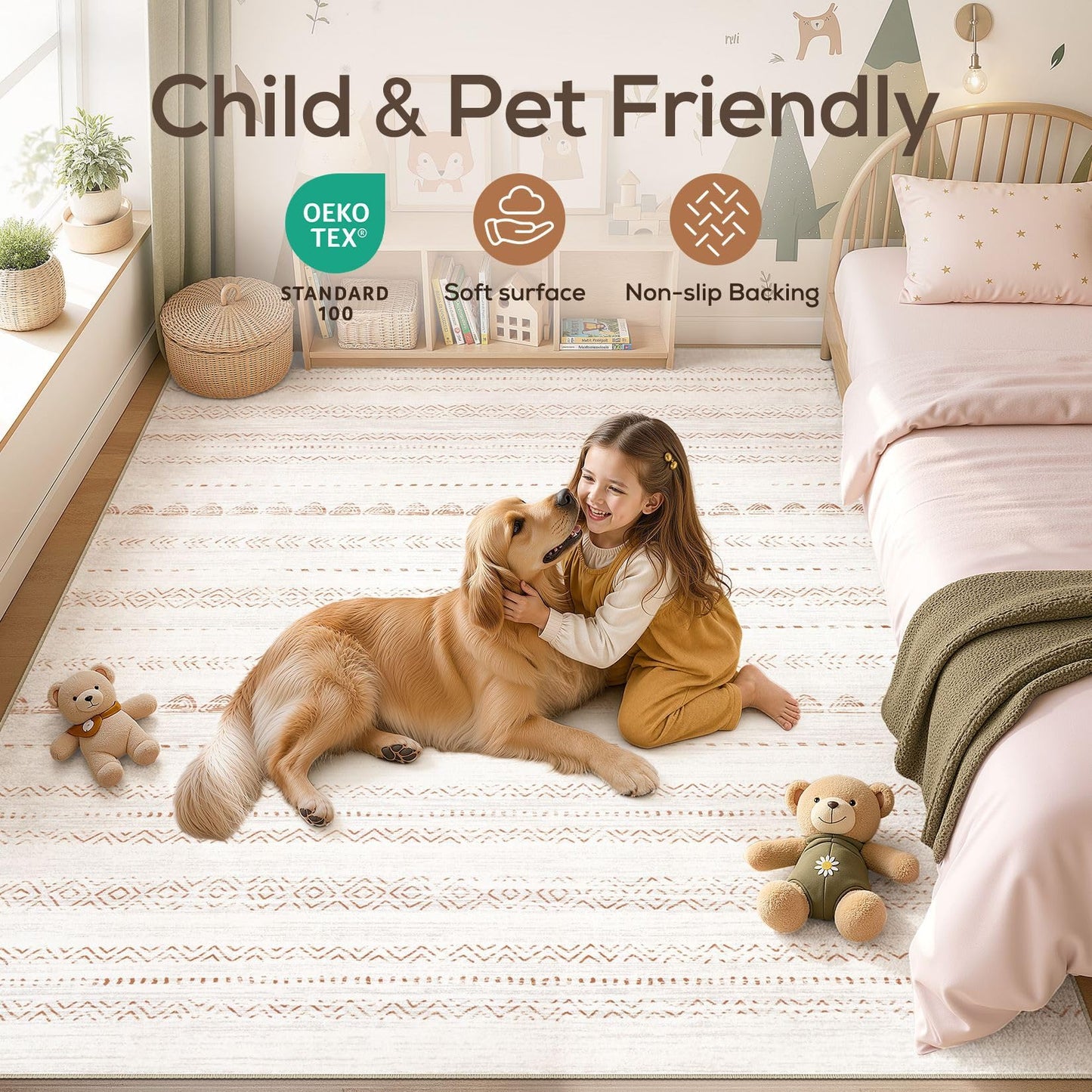 Nakagishi Area Rug Living Room Rugs: 5x7 Washable Boho Large Neutral Farmhouse Soft Moroccan Stain Resistant Indoor Carpet for Bedroom Nursery Kids Playroom Office Dining Room Home House Decor- Brown