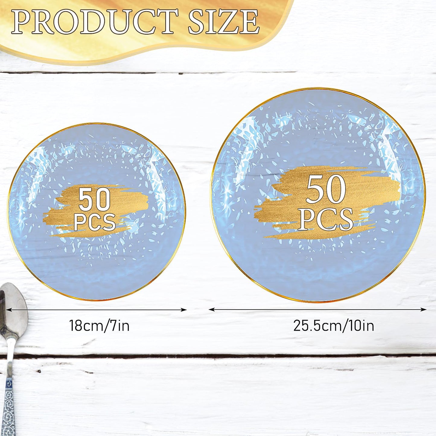 100 Pcs Clear Blue Plastic Plates, Fancy Disposable Plates with Gold Rim Include 10 inch, 7 inch Dinner Dessert Plate for Party Wedding