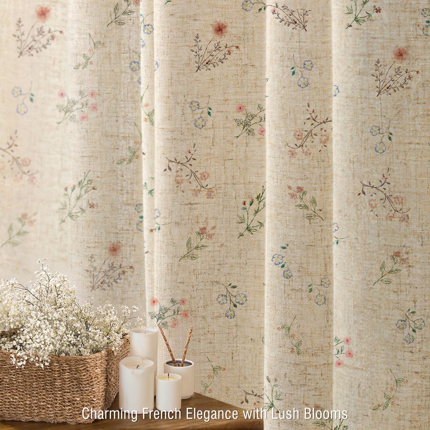 XOGUIBO Floral Farmhouse Vintage Linen Shower Curtain, French Country Spring Shower Curtains for Bathroom with Tassels, 72Wx72H