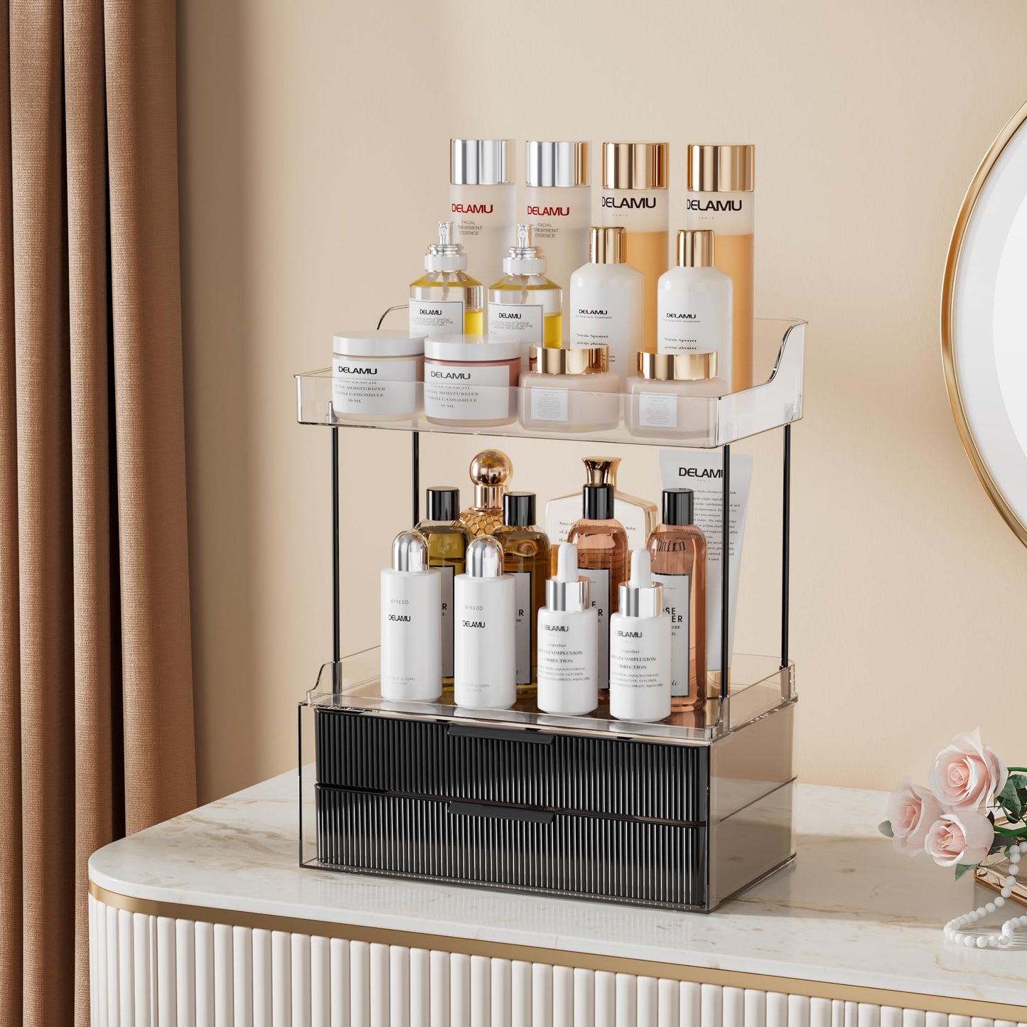 Delamu 2-Tier 2-Drawer Bathroom Counter Organizer, Multi-Purpose Makeup Organizer Countertop, Ideal for Bathroom Storage, Vanity, Large Skincare, Perfume, Present, and More, Black, 2-Drawer