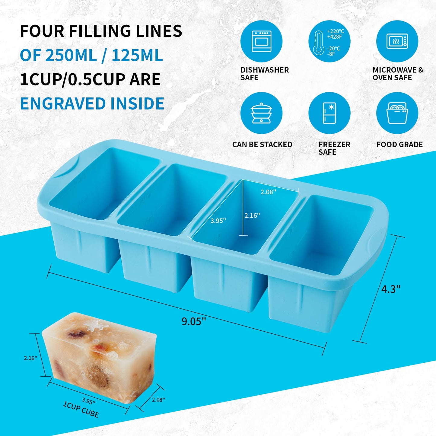 WENQING Silicone Freezer Tray with Lid 2 Pack Silicone Freezer Molds - Large Ice Cube Tray - Makes 8 Perfect 1 Cup Portions Soup Cubes Meal Prep Containers- Oven & Dishwasher Safe