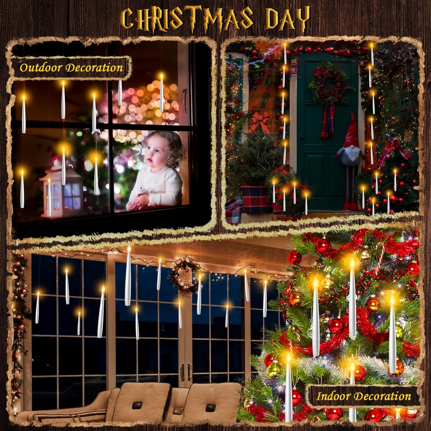 Floating Candles with Wand - Christmas Magic Hanging Flameless Candles Taper Candles with Remote for Halloween Window Home Bedroom Birthday Party Decorations (12 PCS White Candles + Golden Wand)