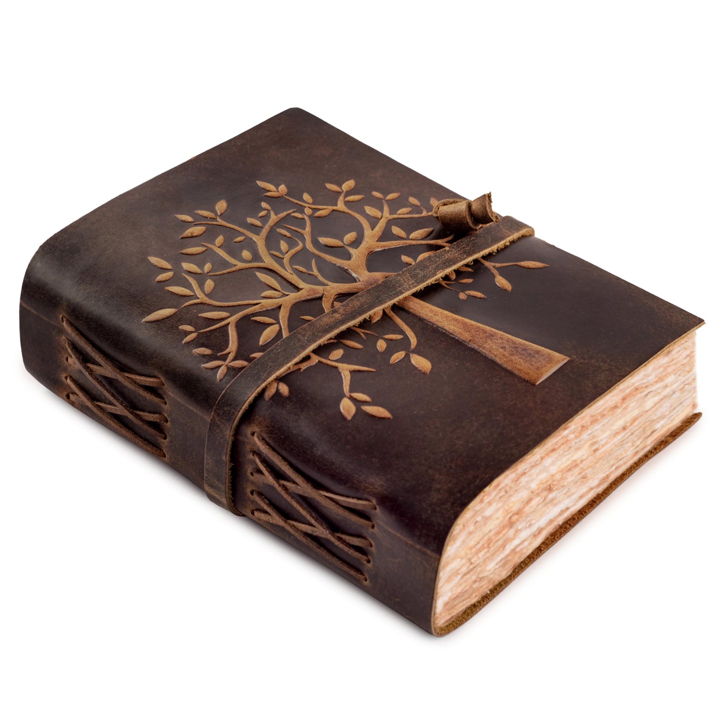 LEATHER VILLAGE Tree of Life Journal - 8 X 6 inches - Brown - 200 Antique Deckle Edge Handmade Paper – Book of Shadows - Vintage Leather Bound Journal for Women & Men