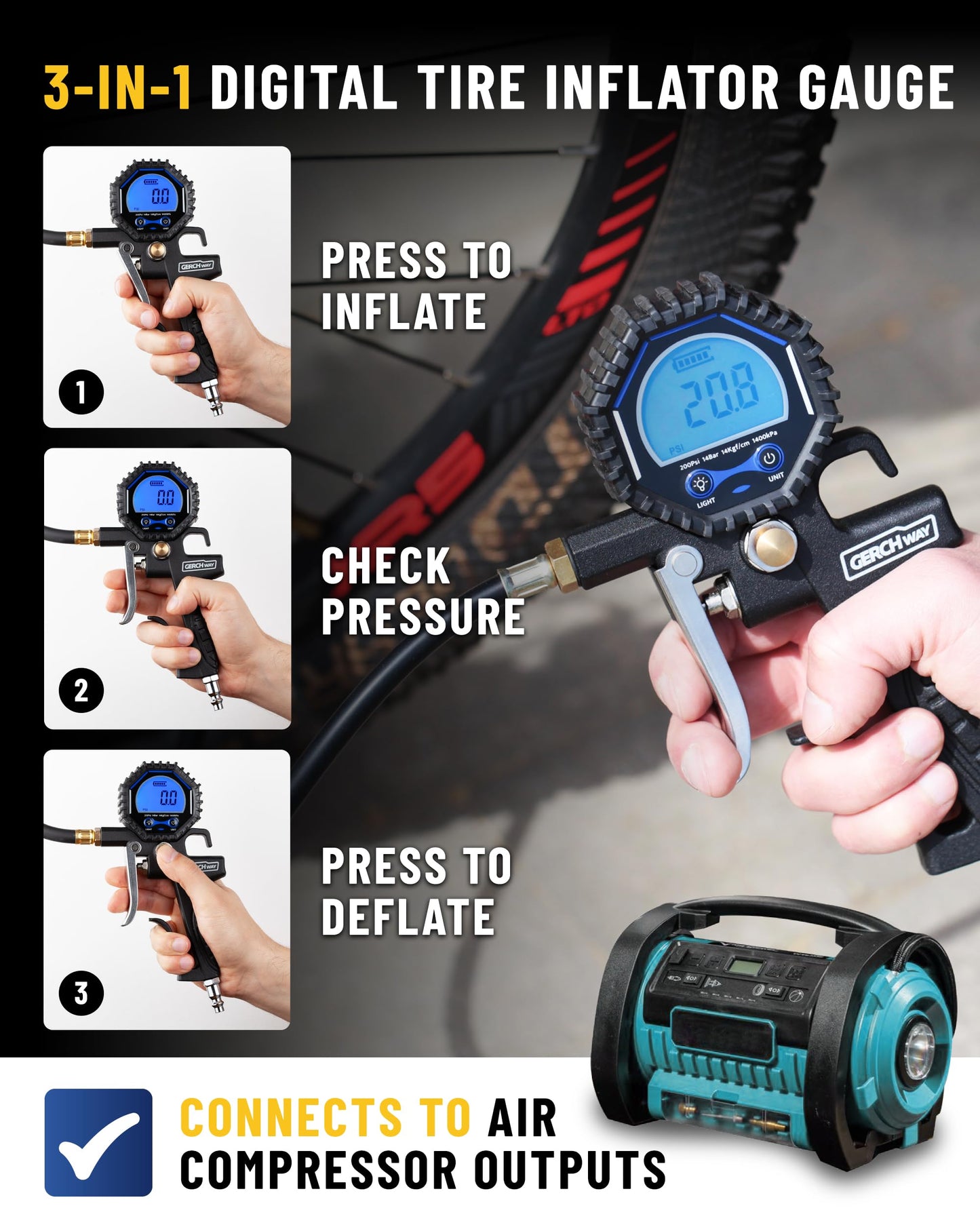 Presta Valve Adaptor for Air Compressor — Digital Bike Tire Pressure Gauge with Inflator – Schrader to Presta Valve Air Chuck Compressor Attachment