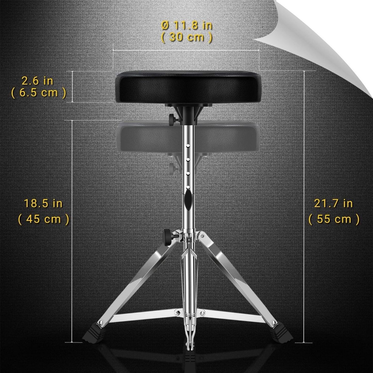 Flexzion Drummer Throne - Padded Drum Stool for Adults & Kids with Adjustable Height - Round Top Drummer Chair Seat with Foldable Tripod & Anti-Slip Rubber Feet for Beginner & Professional Musician