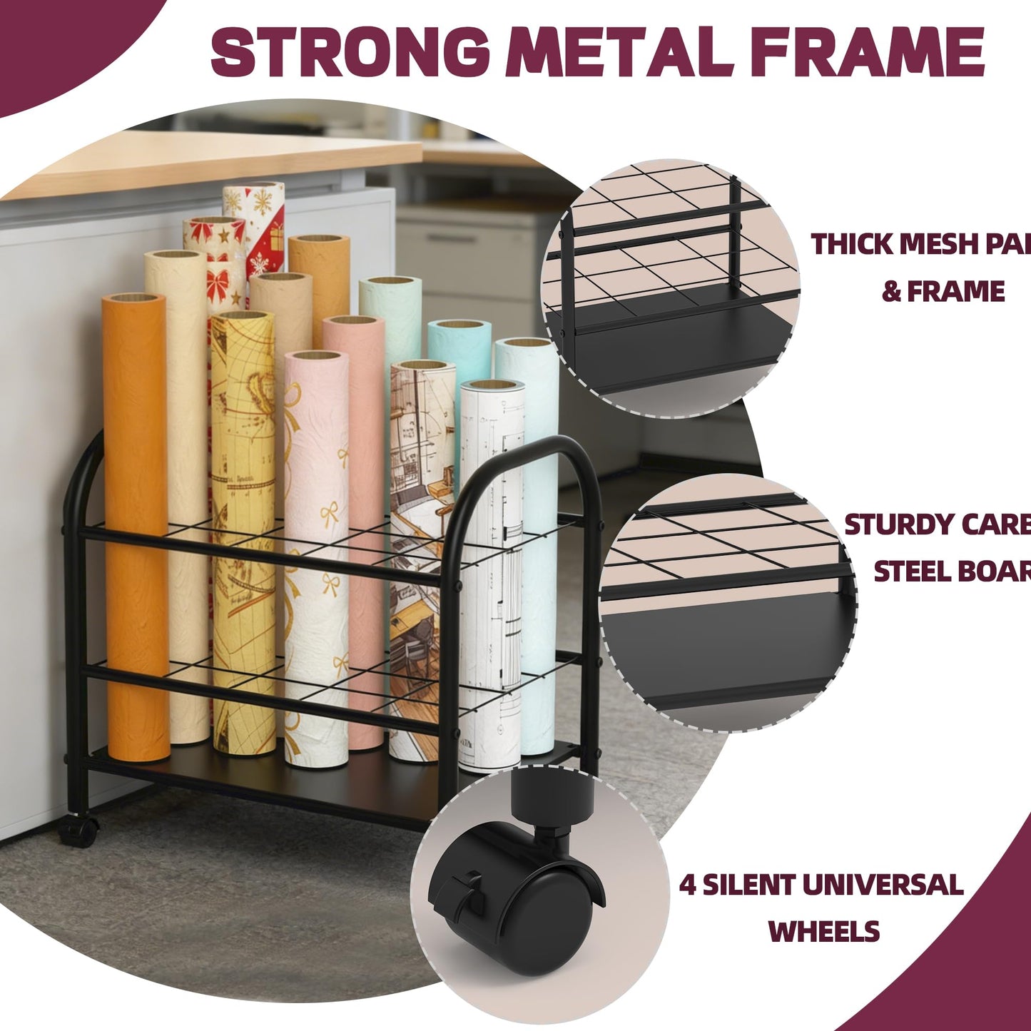 Yutrchey Blueprint Storage Rack with Wheels – 20-Slot Metal Roll File Holder with Silent Casters & Brakes for Blueprints, Wrapping Paper, Posters, Maps – Mobile File Cart for Office & Home (Black)