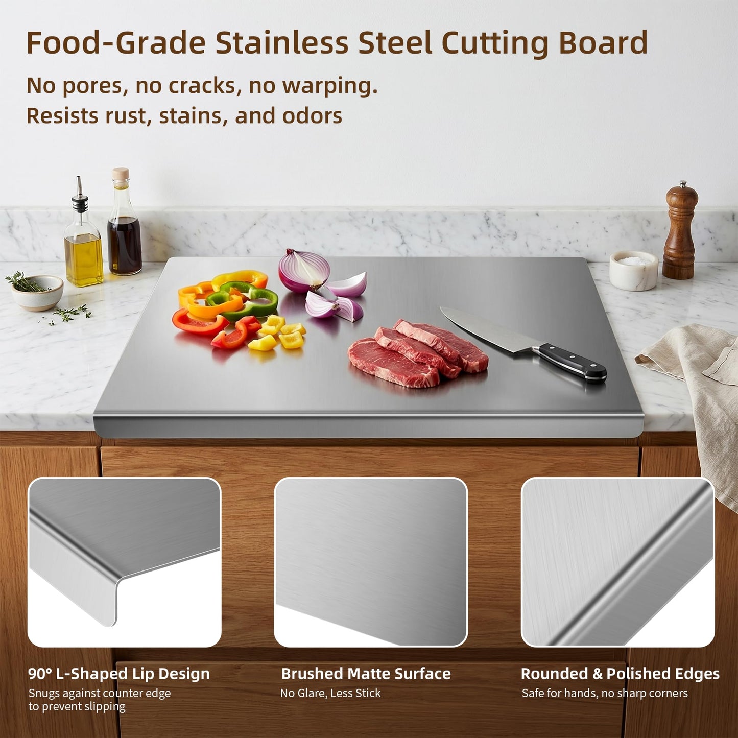 2-Piece Stainless Steel Cutting Board with Lip, 16" x 12" Kitchen Chopping Boards for Countertop, Double-Sided Food-Grade Metal Cutting Board, L-Shaped Edge Chopping Mats for Kitchen Prep & Baking