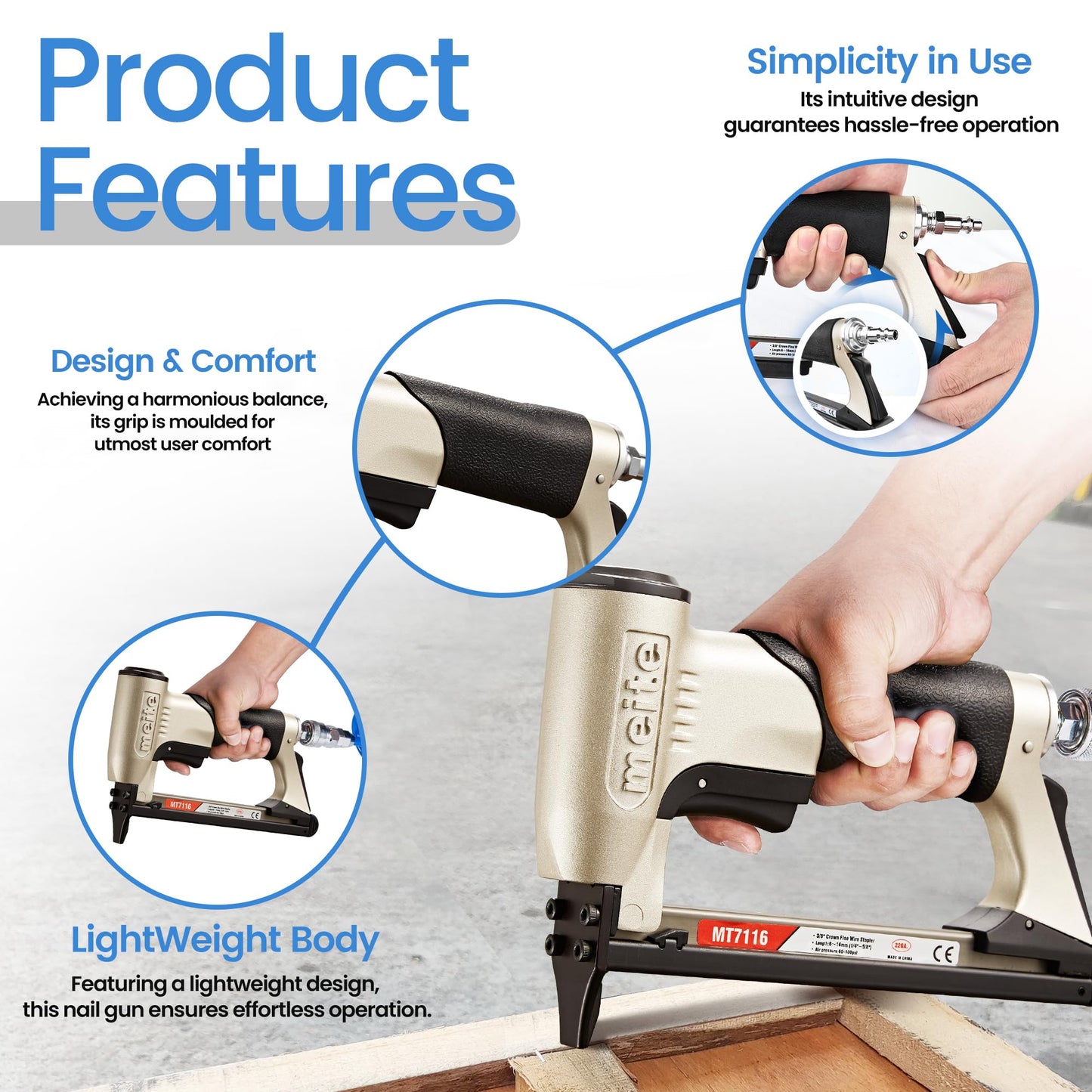 meite MT7116 Pneumatic Upholstery Stapler - 22 Gauge 71 Series 9MM (3/8-Inch) Crown 6-16MM (1/4-Inch to 5/8-Inch) Leg Length Fine Wire Stapler Air-Powered Furniture Stapler