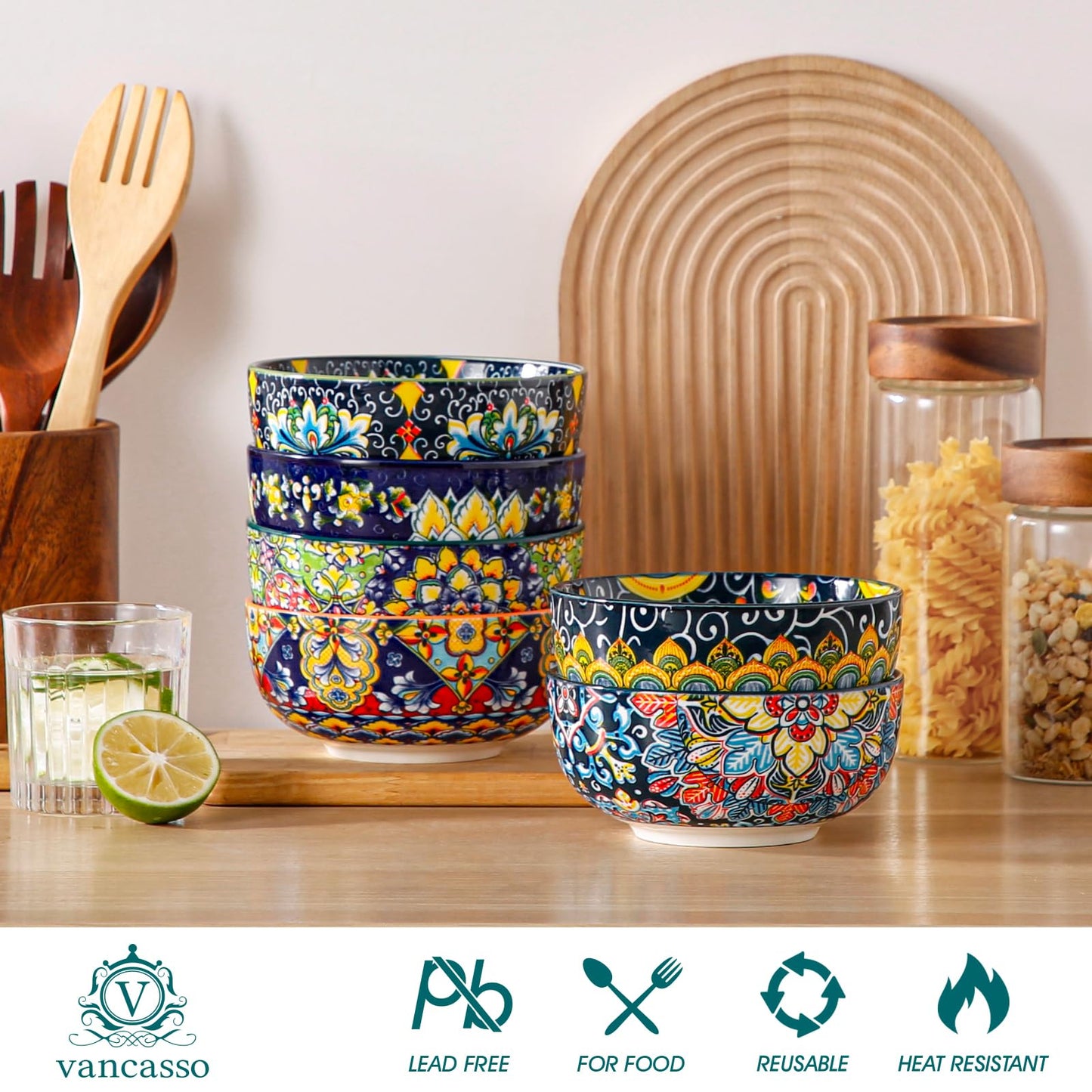 vancasso Cereal Bowls Set of 6, Bohemian Ceramic Soup Bowls, 28 oz Colorful Bowls Set, Dishwasher & Microwave Safe for Salad, Pasta, Rice, Oatmeal, Fruit