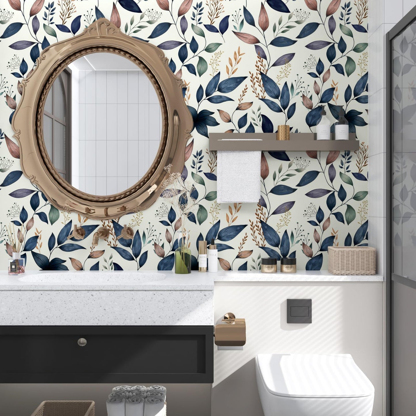 Fvlow Navy Leaf Peel and Stick Wallpaper Grey Blue Contact Paper Easily Peel Off Self-Adhesive Wall Paper for Kitchen Cabinet Drawer 17.4" x 394"