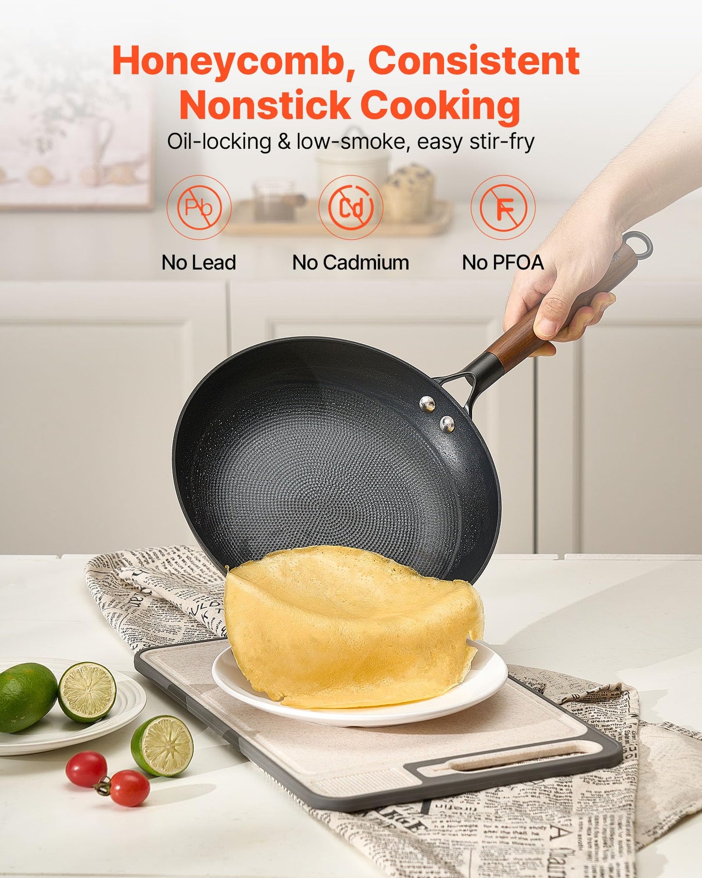VEVOR Cast Iron Skillet, 3-Piece Frying Pan Set (8, 10, 12 in), Nonstick Skillets with Detachable Wood Handle, Pre-Seasoned Chef's Pan, Kitchen Cookware for Gas, Electrical, and Induction, Black