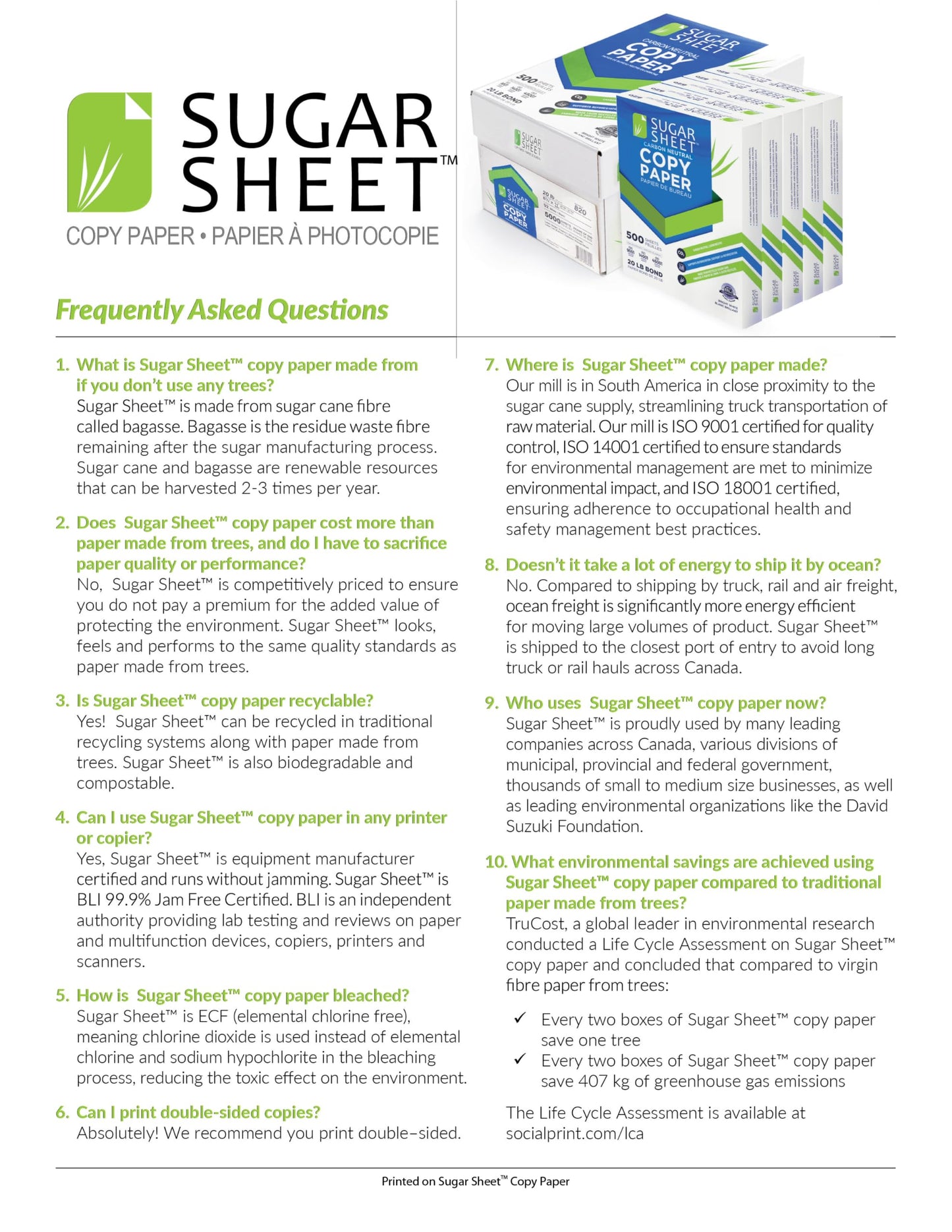 Sugar Sheet Copy Paper, 8 1/2" x 11", 5 Ream Carton, 2500 Sheets, Carbon Neutral & Forest Free