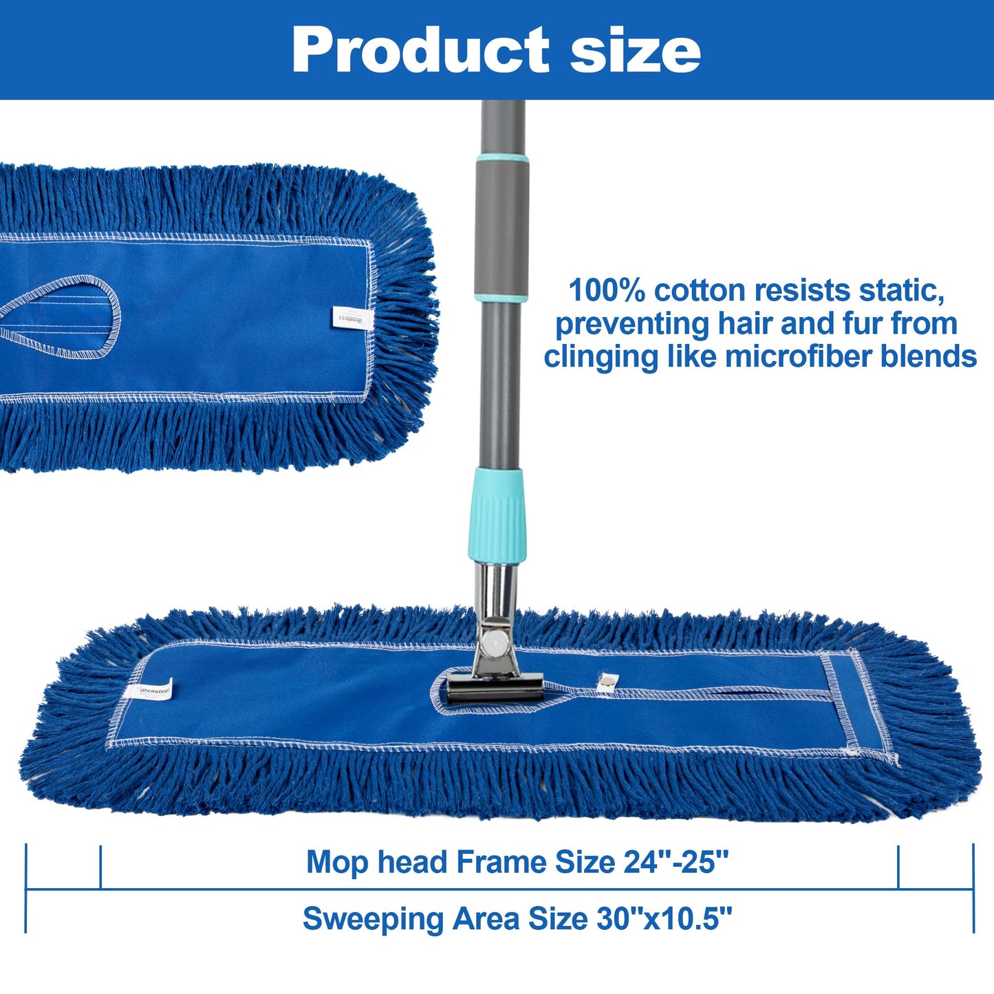 4 Pack - 24-Inch Washable Dust Mop Heads – Full Cloth, Extra Durable, Easy Button - No Clinging to Hair or Fur, Easy to Use Replacement for Commercial and Home Cleaning - iDeaology