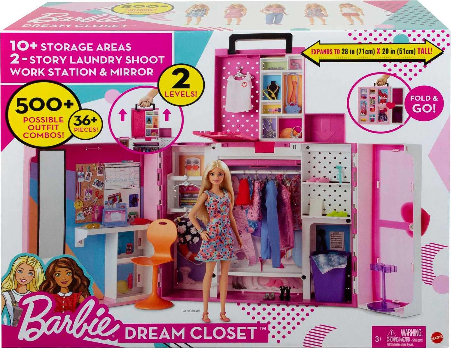 Barbie Dream Closet Playset with 35+ Doll Clothes & Accessories, Includes 5 Complete Looks, Pop-Up Second Level, Mirror & Laundry Chute