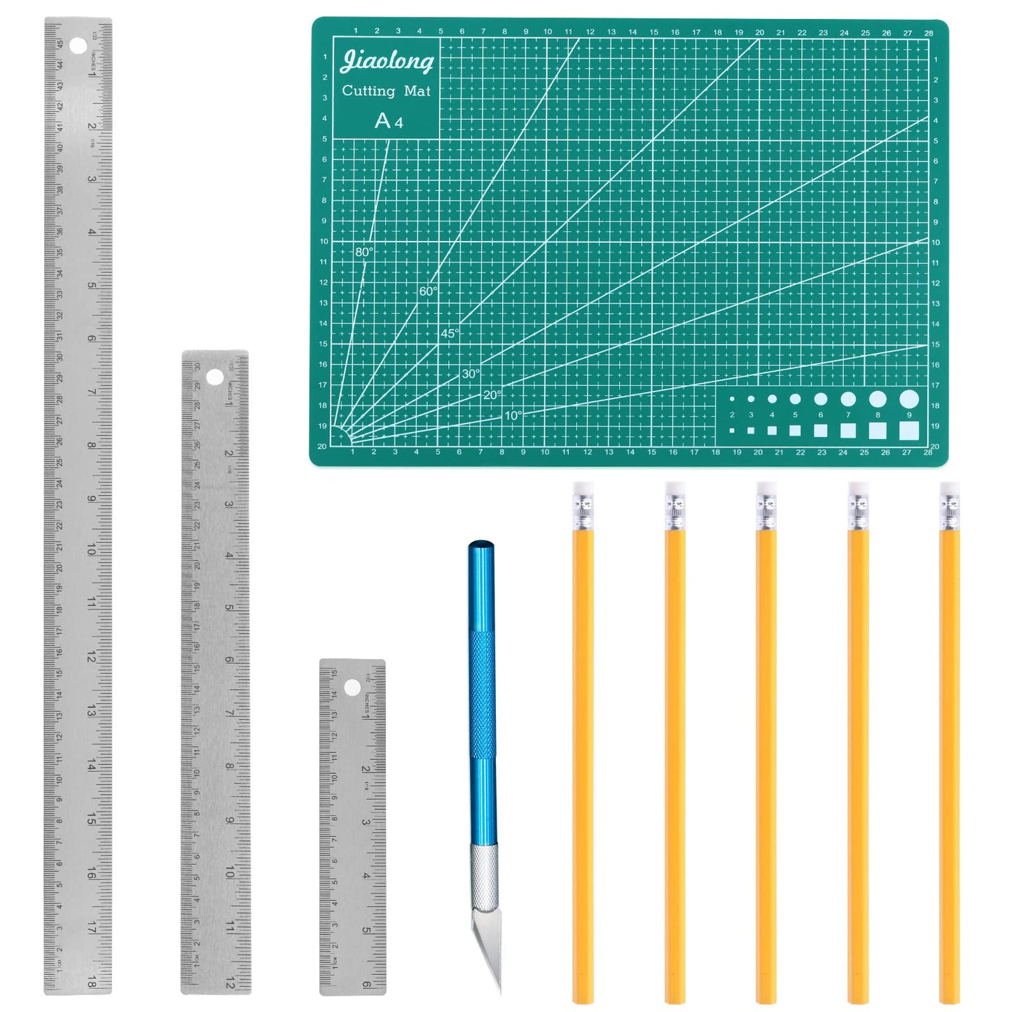 Wokape 10Pcs Stainless Steel Cork Back Rulers Accessories Kit, Including 6" 12" 18" Straight Edge Cork Base Rulers, Craft Knife Precision Hobby Knife Kit, HB Pencils with Erasers for Drafting