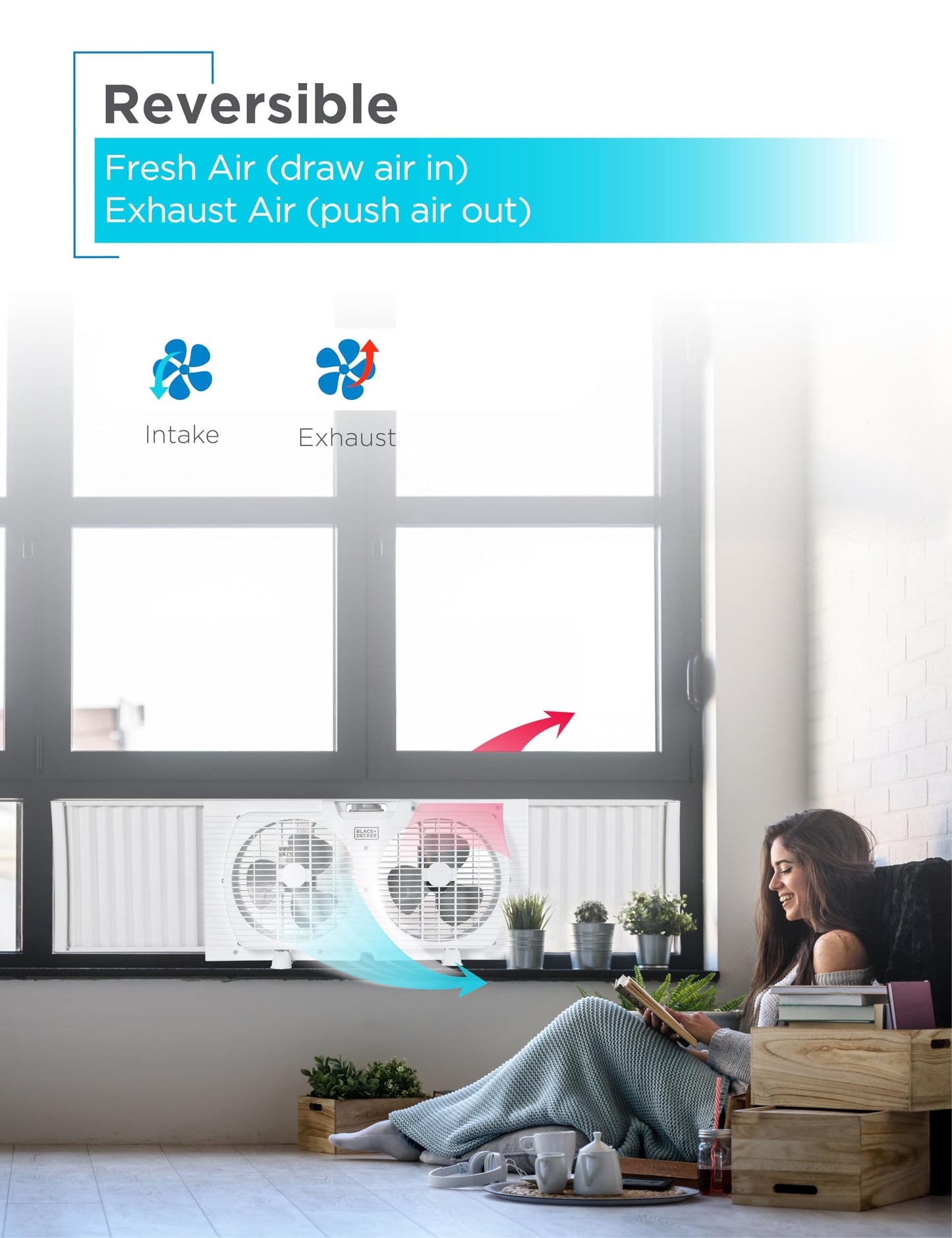 BLACK+DECKER 9" Dual Window Fan with 2 Speed Settings, Twin Fan Heads with Mechanical Dial Control, Removable Legs, For Sliding Windows up to 33” W with Accordion Expanders, BFW9M, White