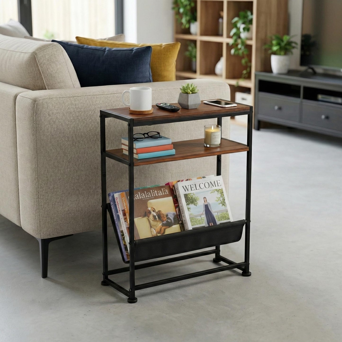 ZEXVIDA Narrow End Table for Small Spaces - Slim Side Table with Magazine Holder,2 in 1 Design Narrow End Table Living Room,Skinny Bedroom Nightstand Thin Side Magazine Table (Rustic Brown)