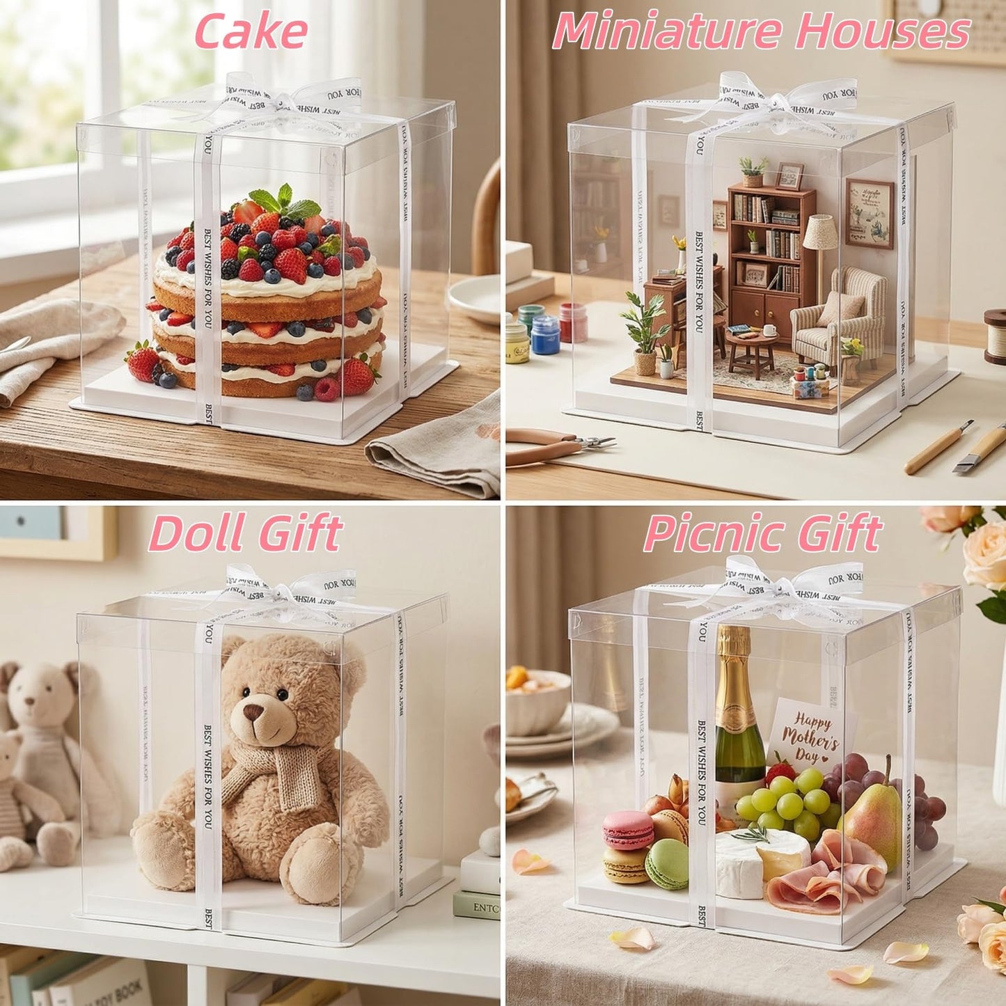 Cididu 6 Pcs Clear Cake Box with Ribbon 2-Layer 10x10x10 Inch, Transparent Cake Carrier Box with Lids, PET Tall Cake Packaging Boxes, Clear Gift Boxes for Birthday, Wedding and Festival Party
