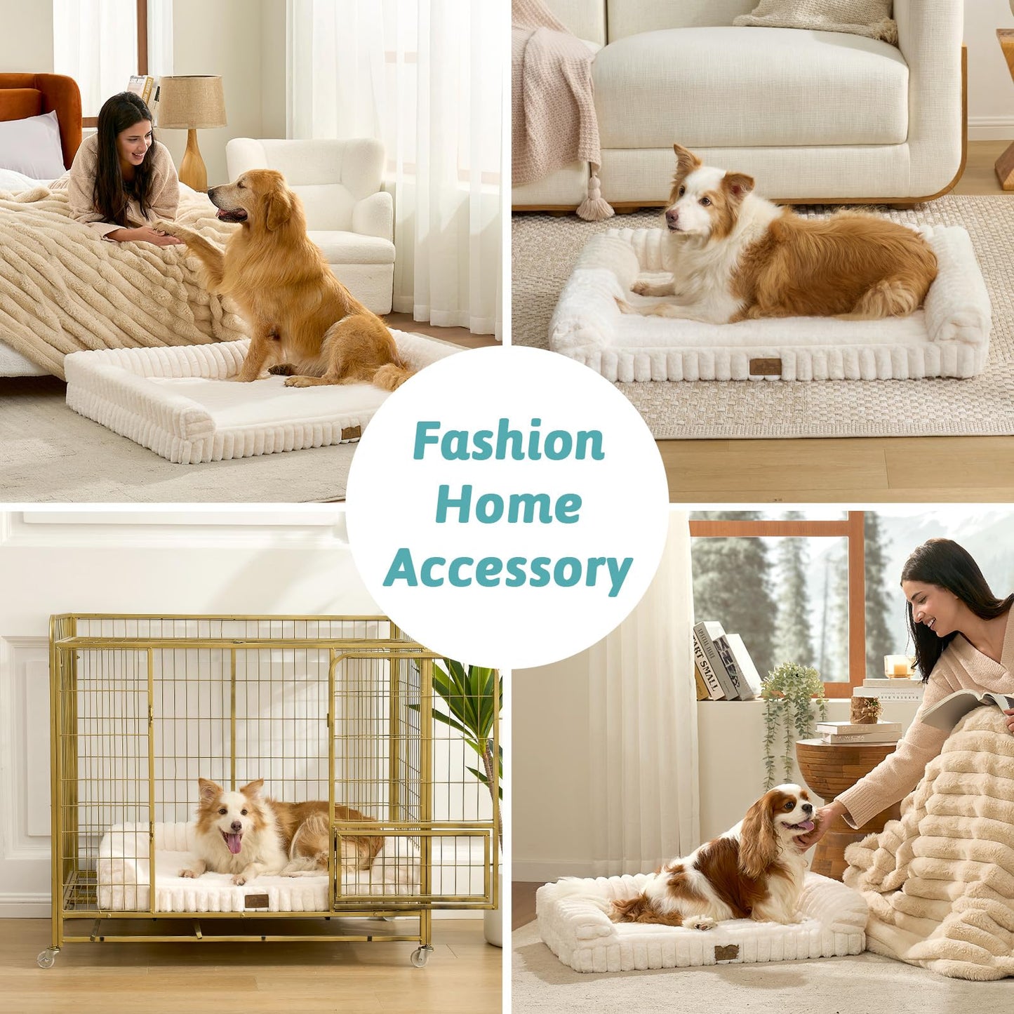 COZY KISS Cute Dog Bed for Extra Large Dogs, Faux Fur Orthopedic Foam Dog Bed with Sides, Removable Washable Cover & Waterproof Lining, Comfortable Pet Couch, Cream (48" L x 35" W x 7.5" Th)