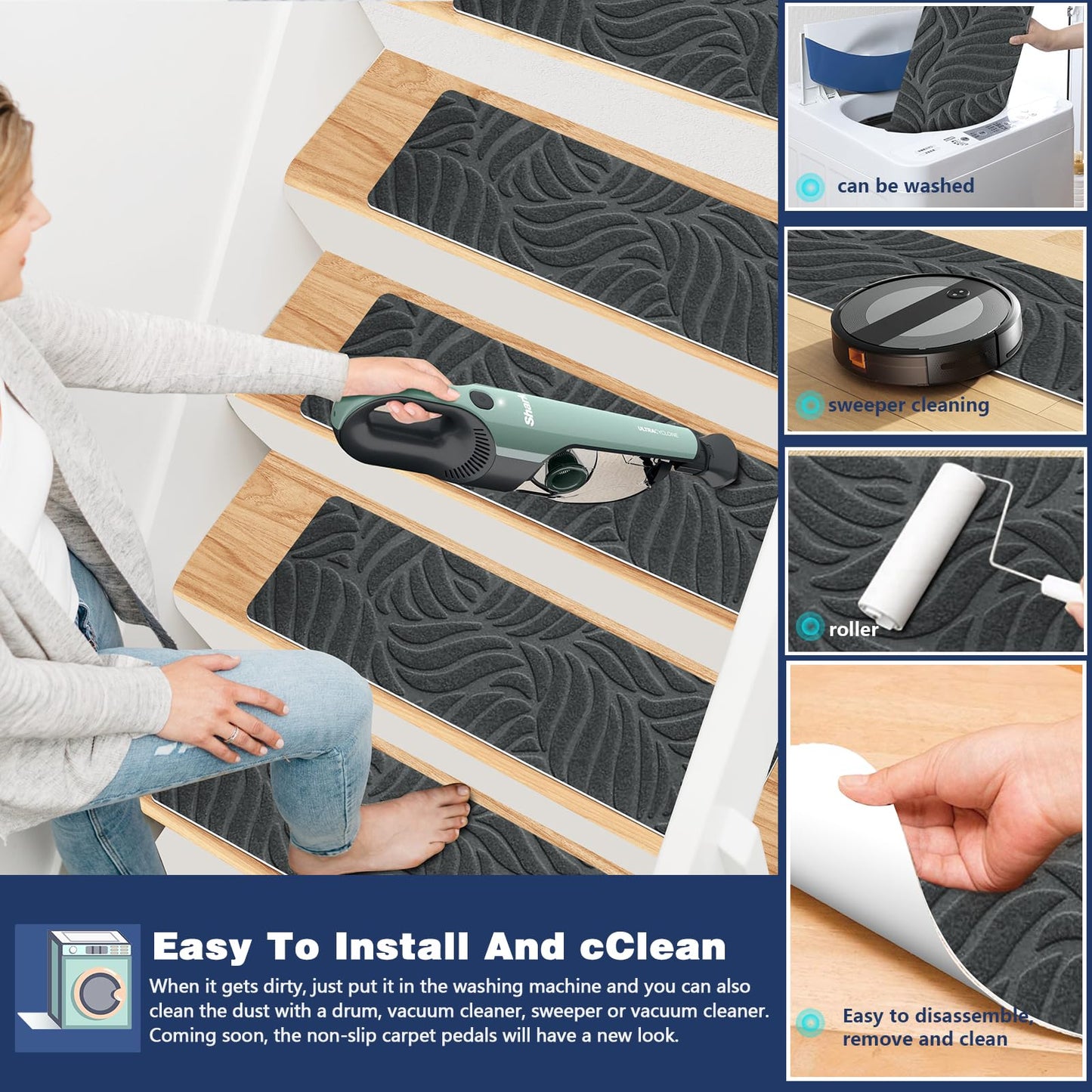 Non-Slip Stair Treads Carpet for Wooden Steps(15 Pack), 21.6 x 7.4IN Self-Adhesive Stair Treads Mat, JAYFAN Safety Indoor Stair Runner Mats, Anti Slip Stair Treads for Kids Elders and Dogs Pets